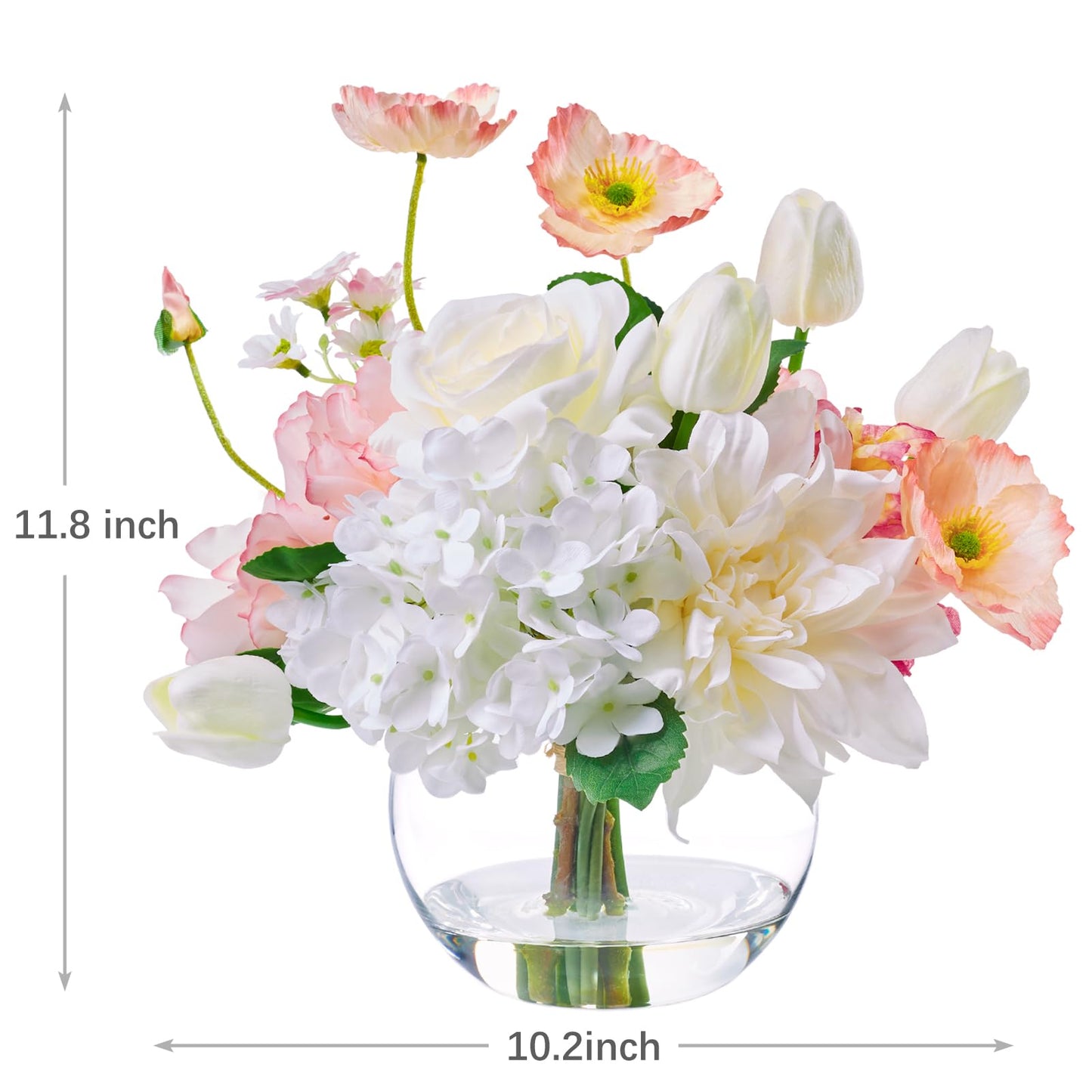 Artificial Flowers in Vase for Seasonal Decor, Mixed White Tulips & Pink Silk Fake Flowers Bouquet Arrangements in Glass Vase with Fake Water for Spring Home Office Hotel Wedding Party Table Decor