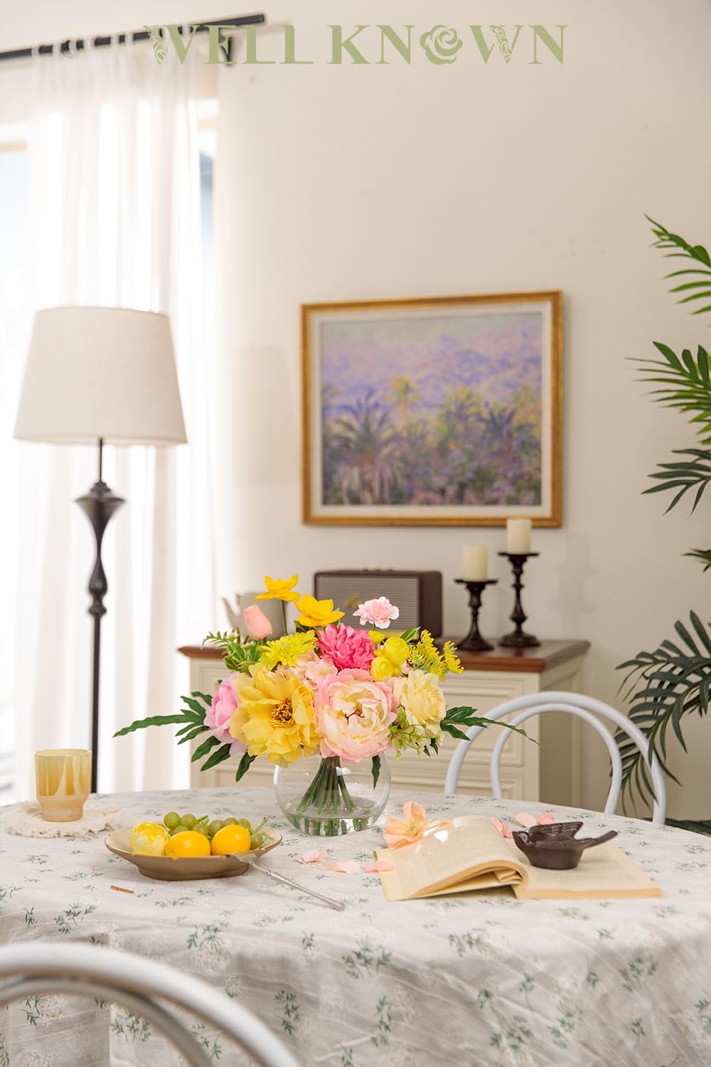 Artificial Flowers Centerpieces in Glass Vase with Fake Water, Silk Rose Peony & Fake PU Tulips Bouquet with Vase for Birthday Party Wedding Dinning Table Office Hotel Decor (Yellow & Hot Pink Plus)