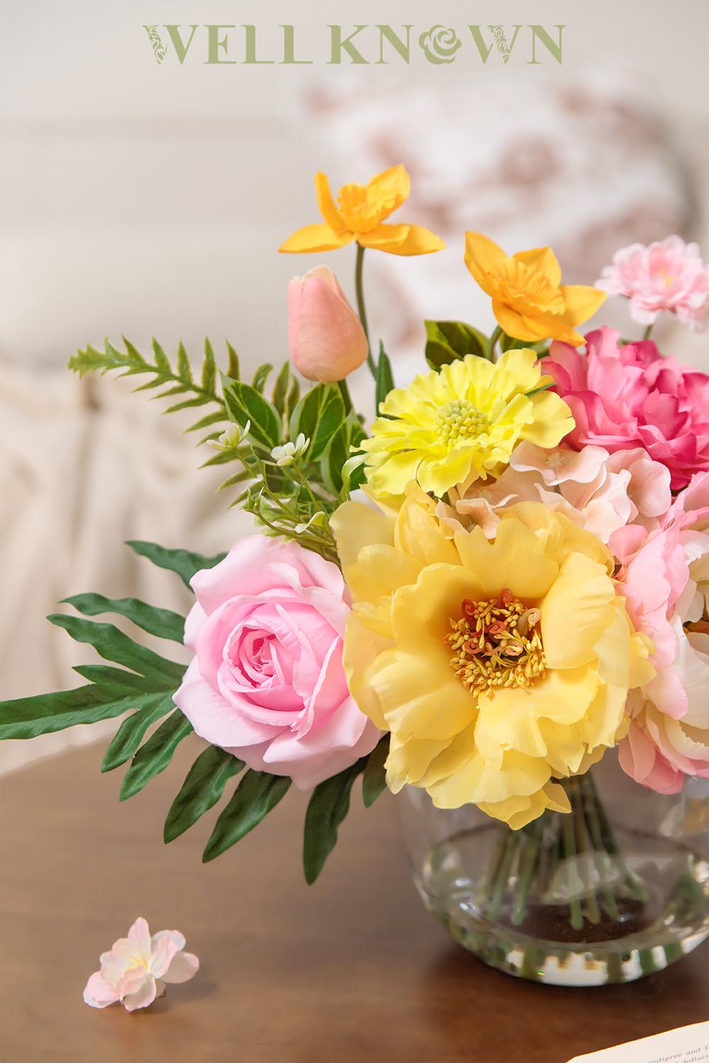 Artificial Flowers Centerpieces in Glass Vase with Fake Water, Silk Rose Peony & Fake PU Tulips Bouquet with Vase for Birthday Party Wedding Dinning Table Office Hotel Decor (Yellow & Hot Pink Plus)