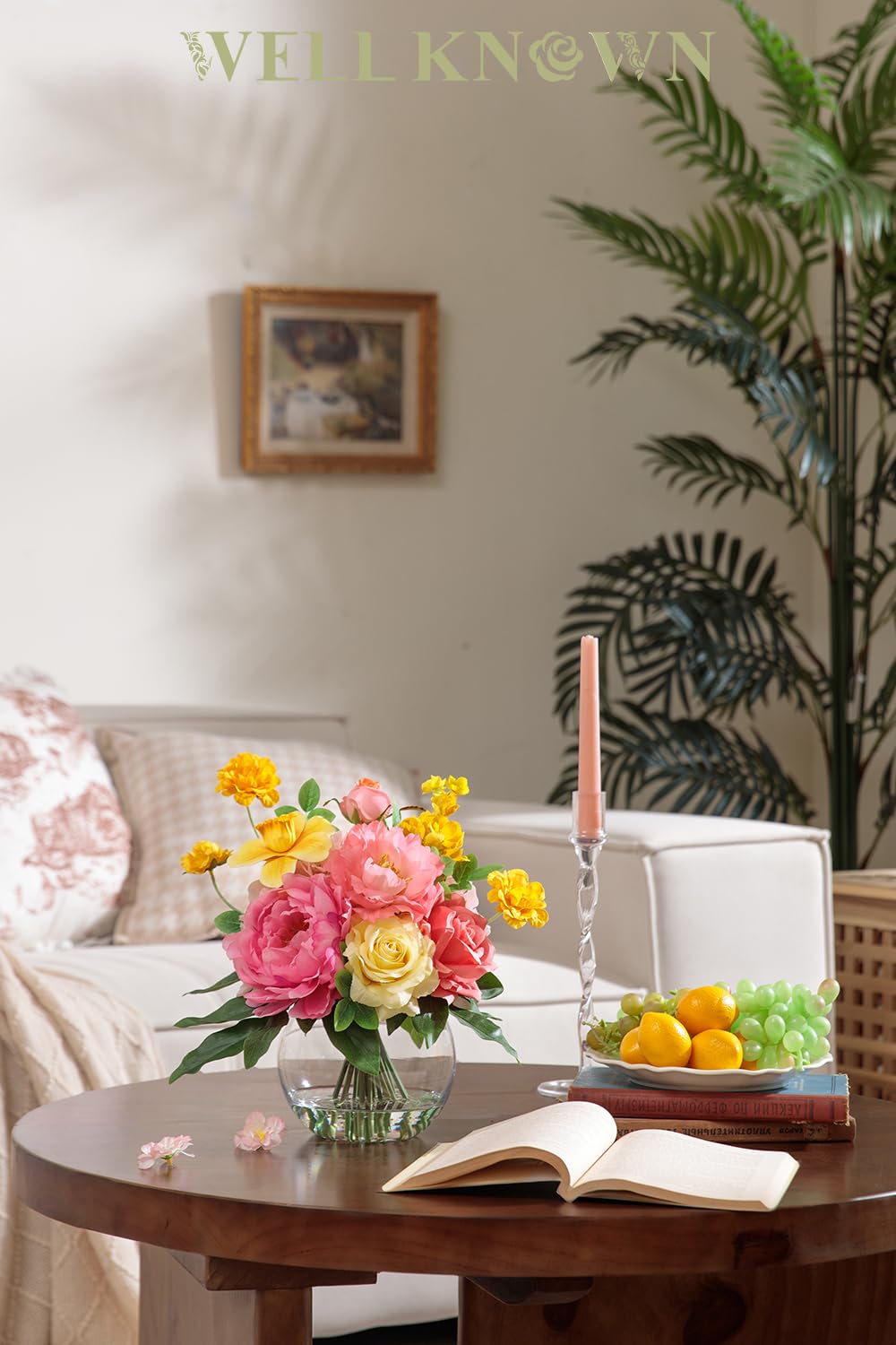 Artificial Flowers Centerpieces in Glass Vase with Fake Water, Silk Rose Peony & Daffodil Bouquet with Vase for Birthday Party Wedding Dinning Table Office Hotel Decor Gift (Yellow, Coral & Hot Pink)