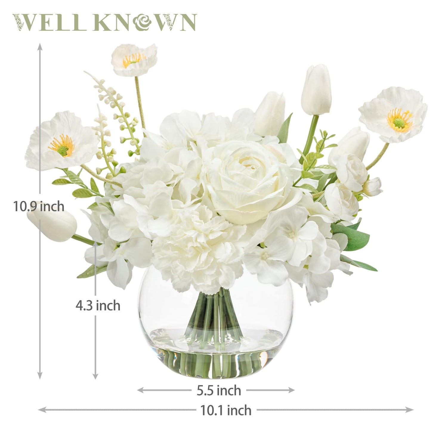 WELL KNOWN Artificial Flowers for Table Decoration Silk Hydrangea Flowers with Vase Fake Flower Arrangements in Round Bowl Vase with Faux Water for Summer Spring (White)