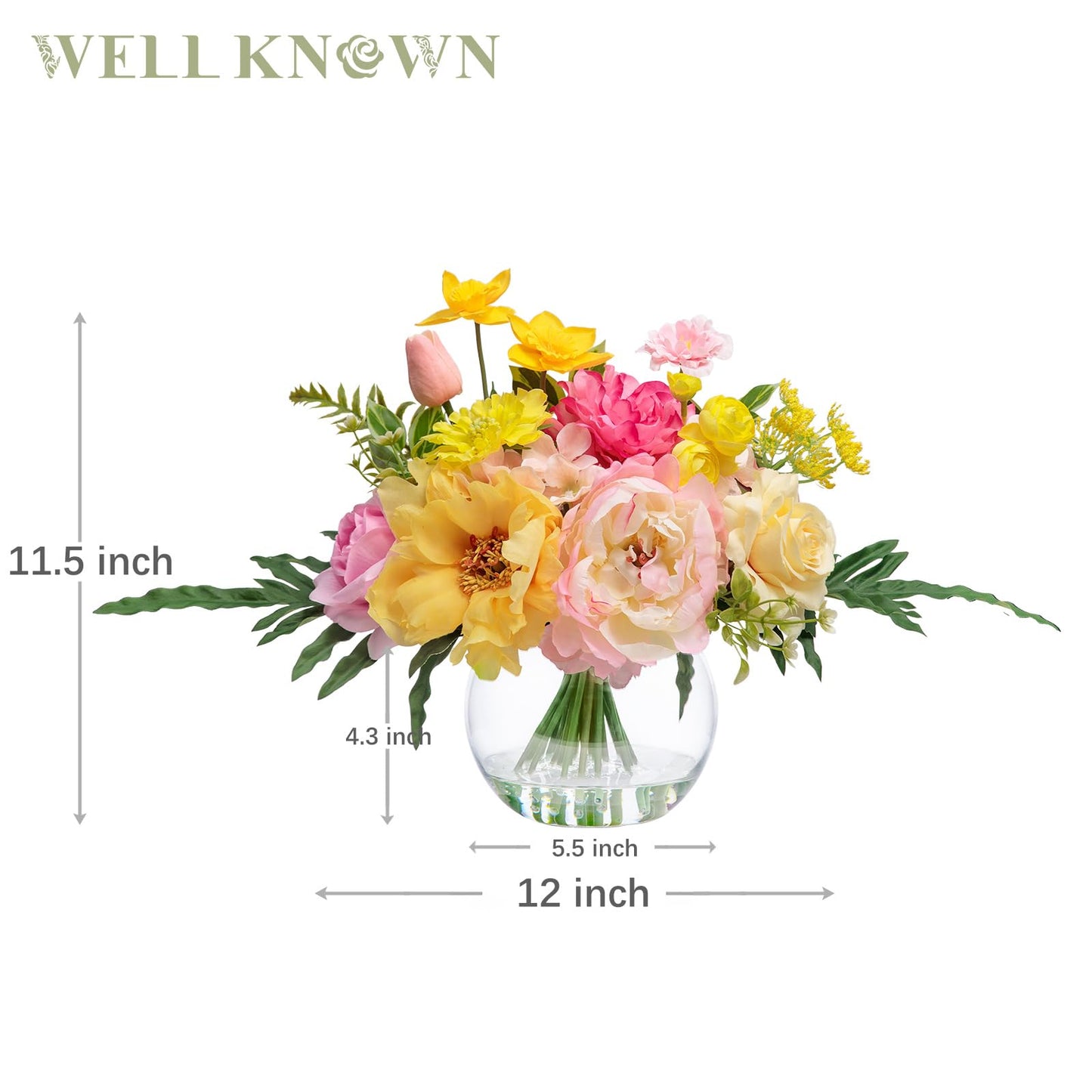 Artificial Flowers Centerpieces in Glass Vase with Fake Water, Silk Rose Peony & Fake PU Tulips Bouquet with Vase for Birthday Party Wedding Dinning Table Office Hotel Decor (Yellow & Hot Pink Plus)