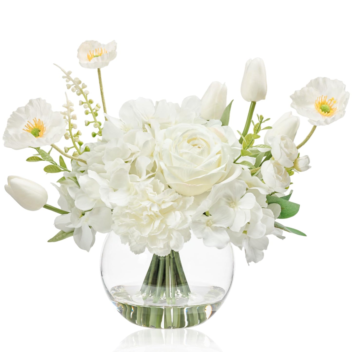 WELL KNOWN Artificial Flowers for Table Decoration Silk Hydrangea Flowers with Vase Fake Flower Arrangements in Round Bowl Vase with Faux Water for Summer Spring (White)