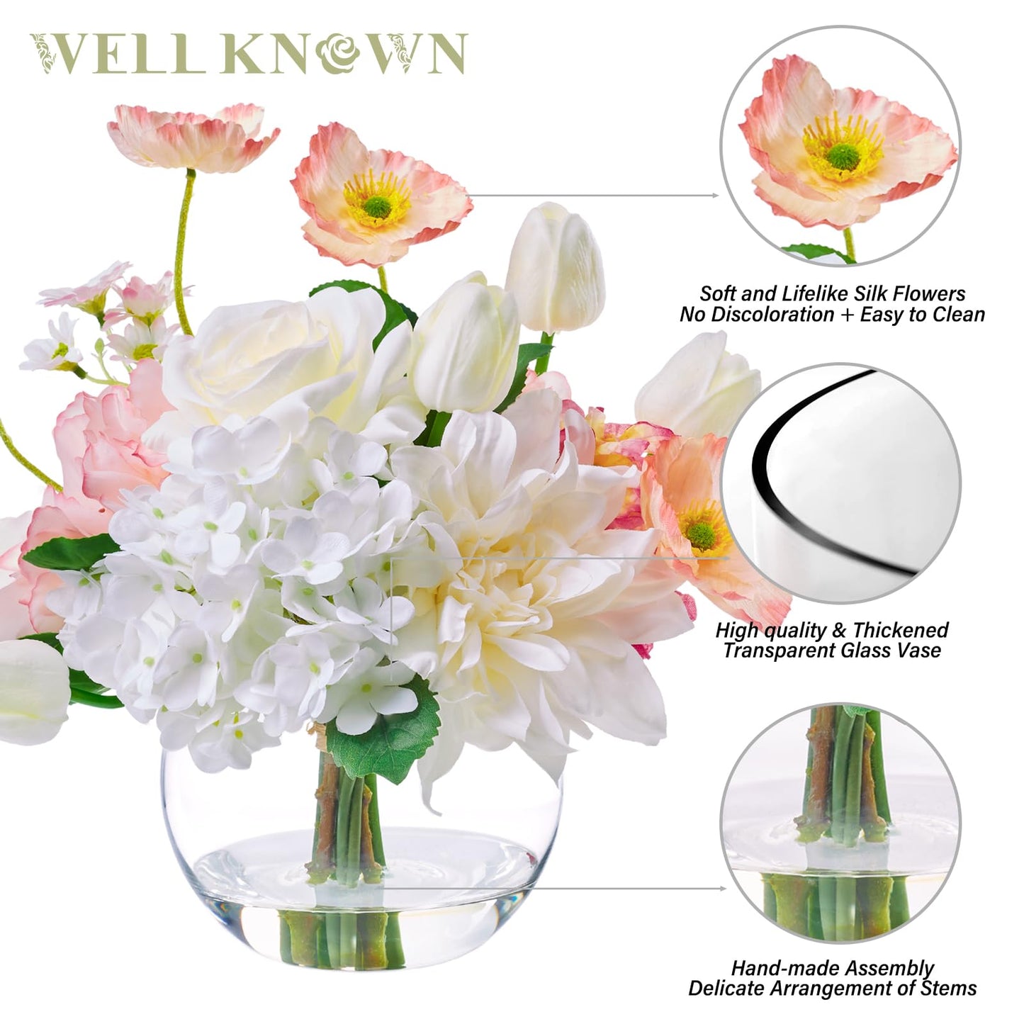 Artificial Flowers in Vase for Seasonal Decor, Mixed White Tulips & Pink Silk Fake Flowers Bouquet Arrangements in Glass Vase with Fake Water for Spring Home Office Hotel Wedding Party Table Decor