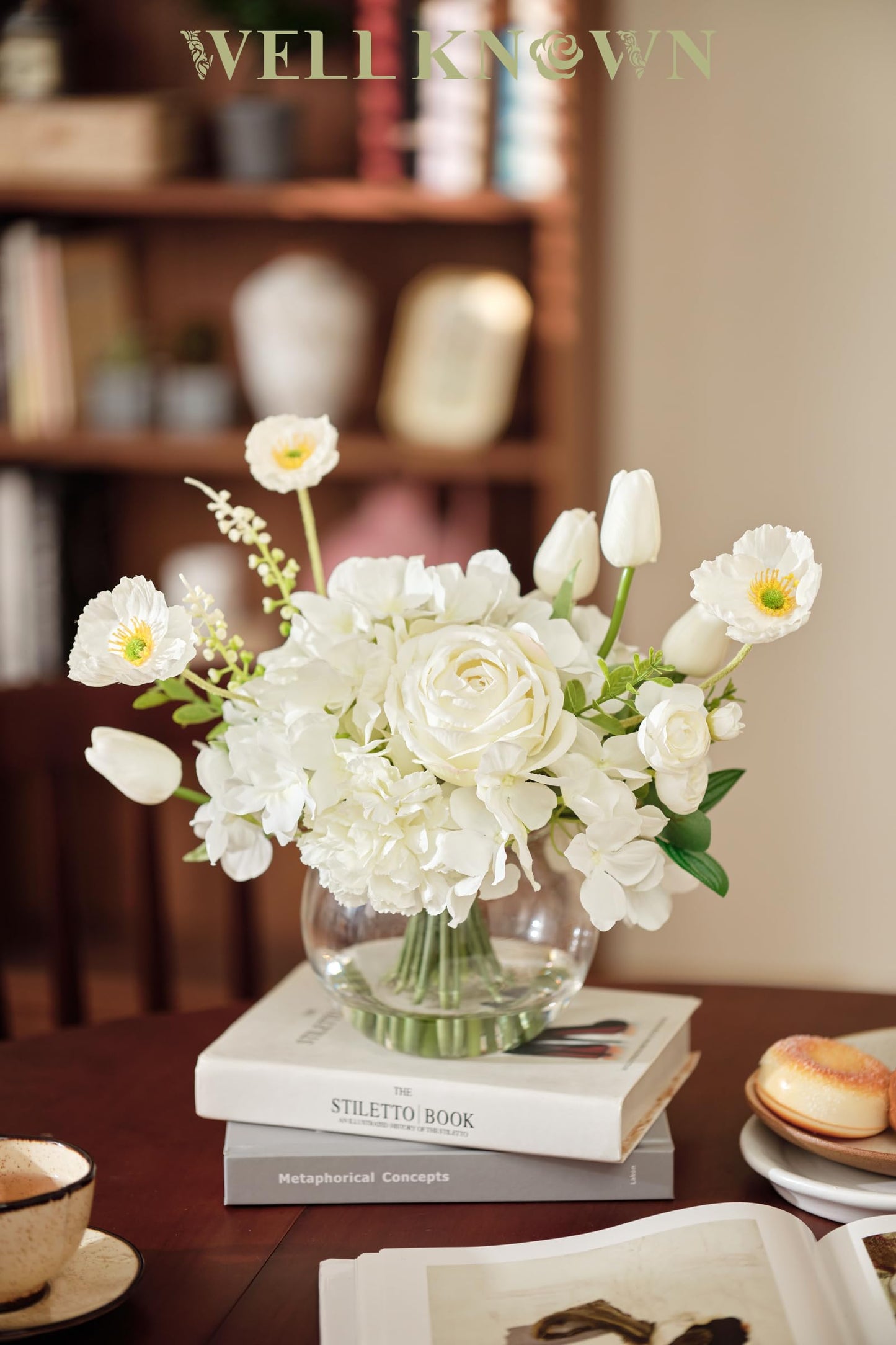 WELL KNOWN Artificial Flowers for Table Decoration Silk Hydrangea Flowers with Vase Fake Flower Arrangements in Round Bowl Vase with Faux Water for Summer Spring (White)
