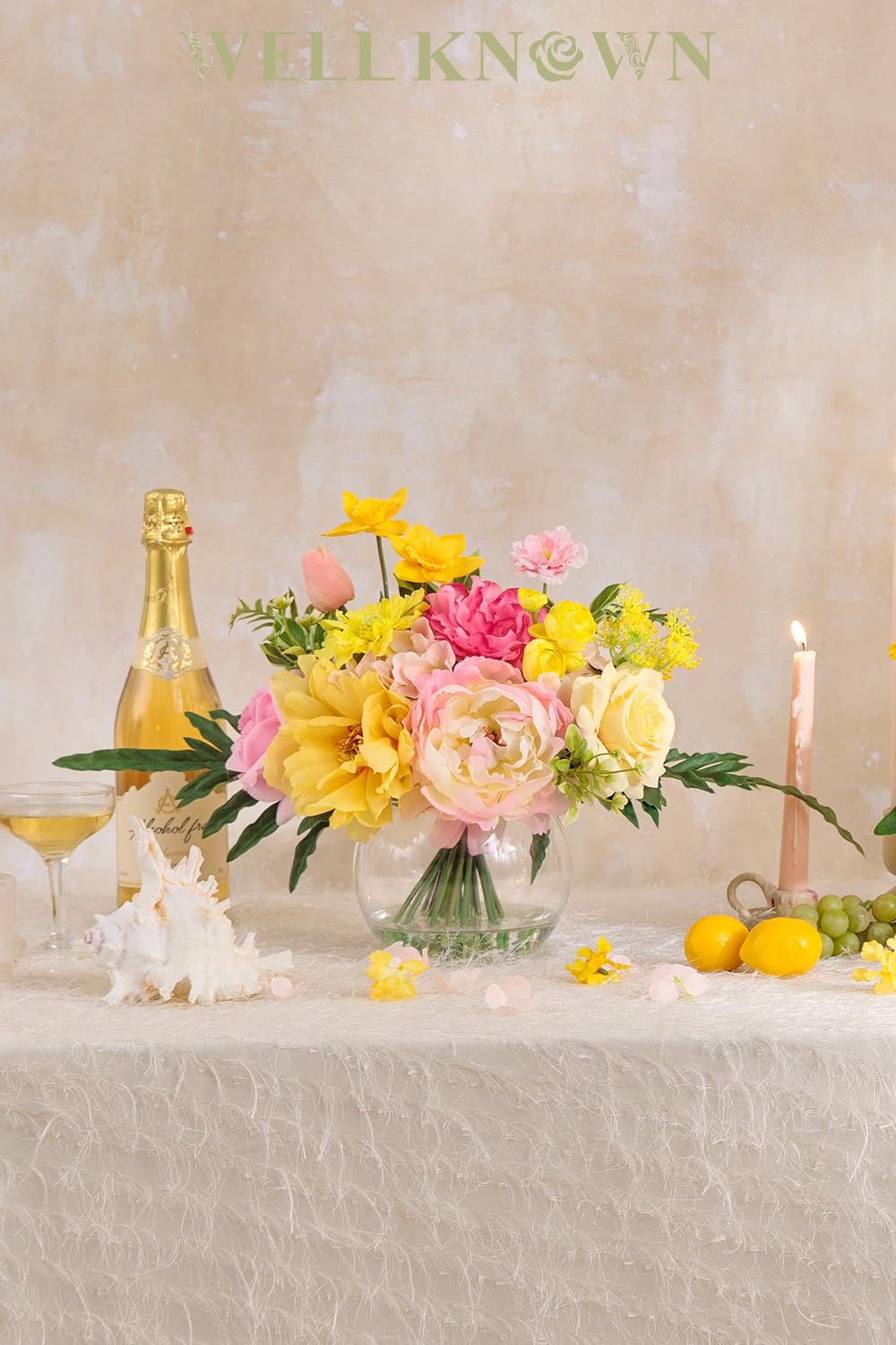 Artificial Flowers Centerpieces in Glass Vase with Fake Water, Silk Rose Peony & Fake PU Tulips Bouquet with Vase for Birthday Party Wedding Dinning Table Office Hotel Decor (Yellow & Hot Pink Plus)