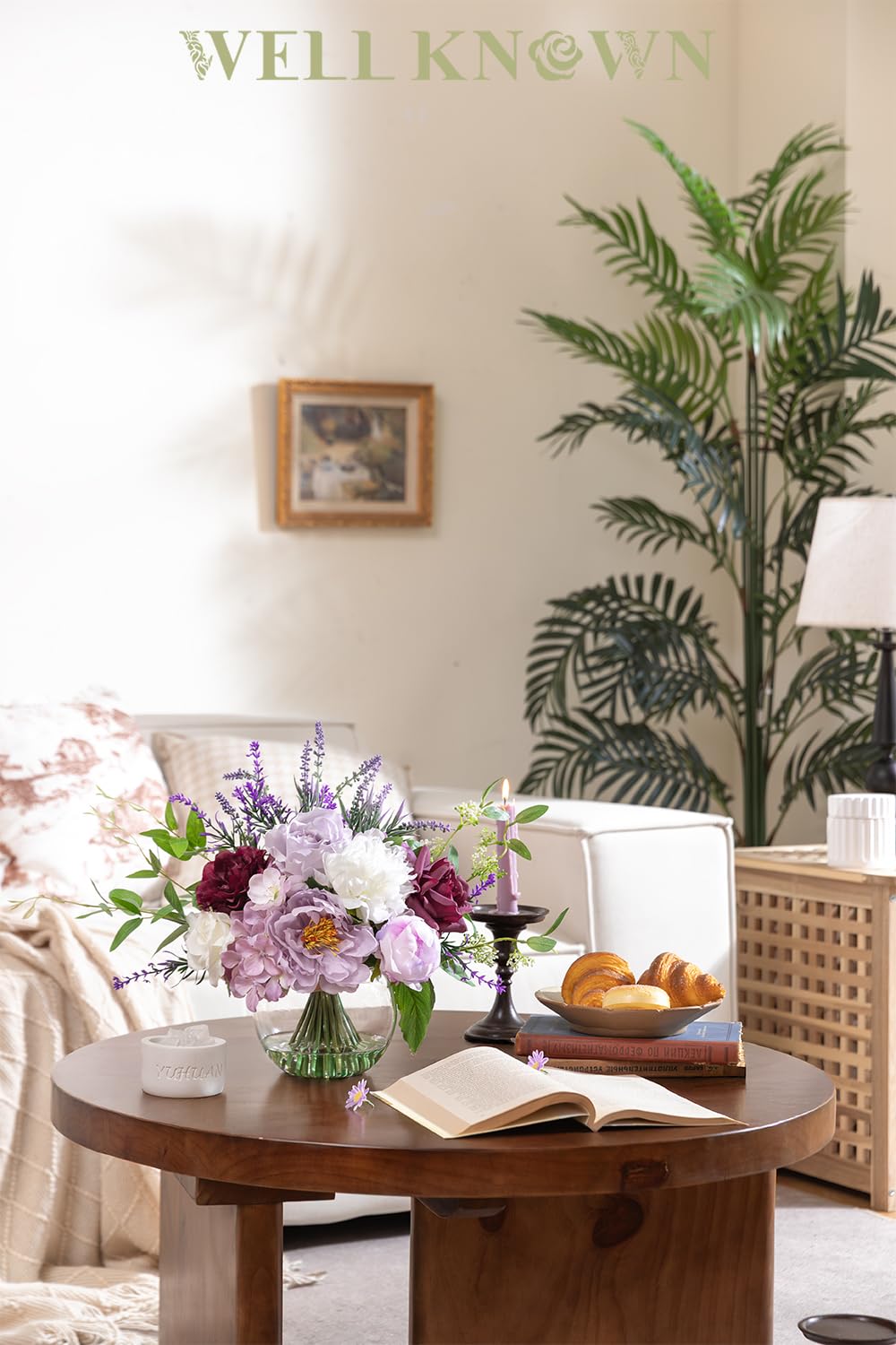 Artificial Flowers in Vase for Home Decor, Fake Lavender & Silk Peony Flower Bouquet Centerpieces in Glass Vase with Fake Water for Party Wedding Dinning Table Office Hotel Decor (Lavender Mixed Plus)