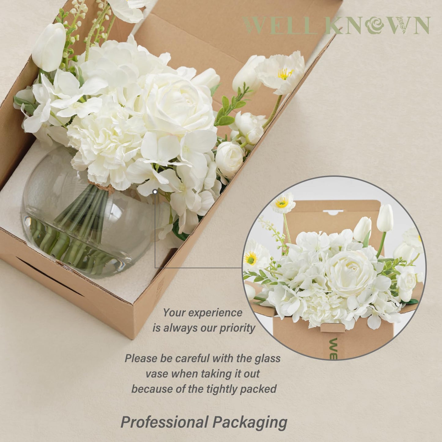 WELL KNOWN Artificial Flowers for Table Decoration Silk Hydrangea Flowers with Vase Fake Flower Arrangements in Round Bowl Vase with Faux Water for Summer Spring (White)