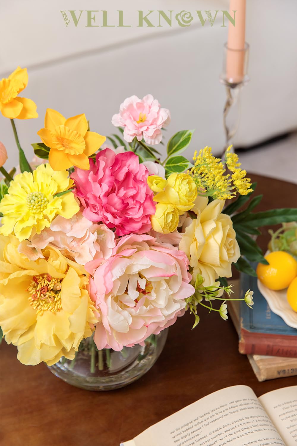 Artificial Flowers Centerpieces in Glass Vase with Fake Water, Silk Rose Peony & Fake PU Tulips Bouquet with Vase for Birthday Party Wedding Dinning Table Office Hotel Decor (Yellow & Hot Pink Plus)