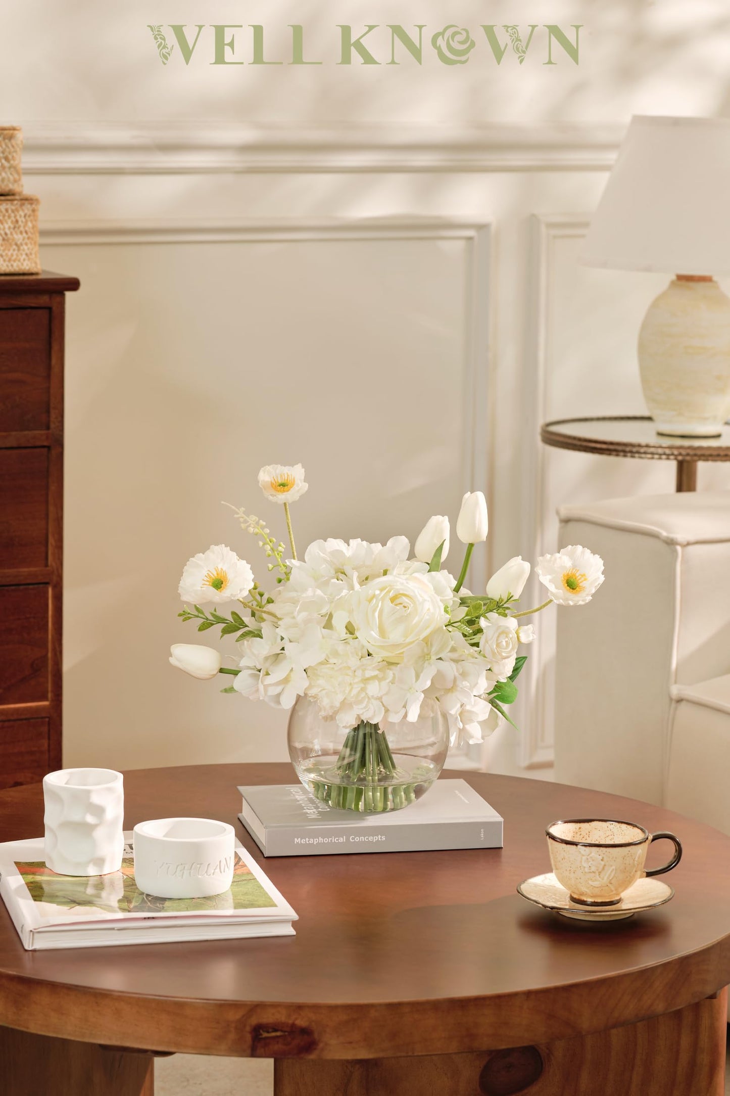 WELL KNOWN Artificial Flowers for Table Decoration Silk Hydrangea Flowers with Vase Fake Flower Arrangements in Round Bowl Vase with Faux Water for Summer Spring (White)