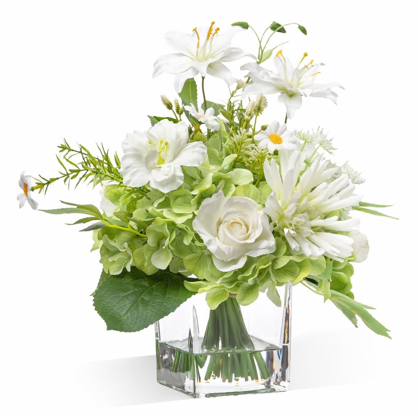 Artificial Flowers in Vase with Fake Water, 12.5" Realistic Silk Rose Peony Lily Faux Floral Arrangements with Glass Vase for Office Home Dinning Table Birthday Party Wedding Decor - White & Green