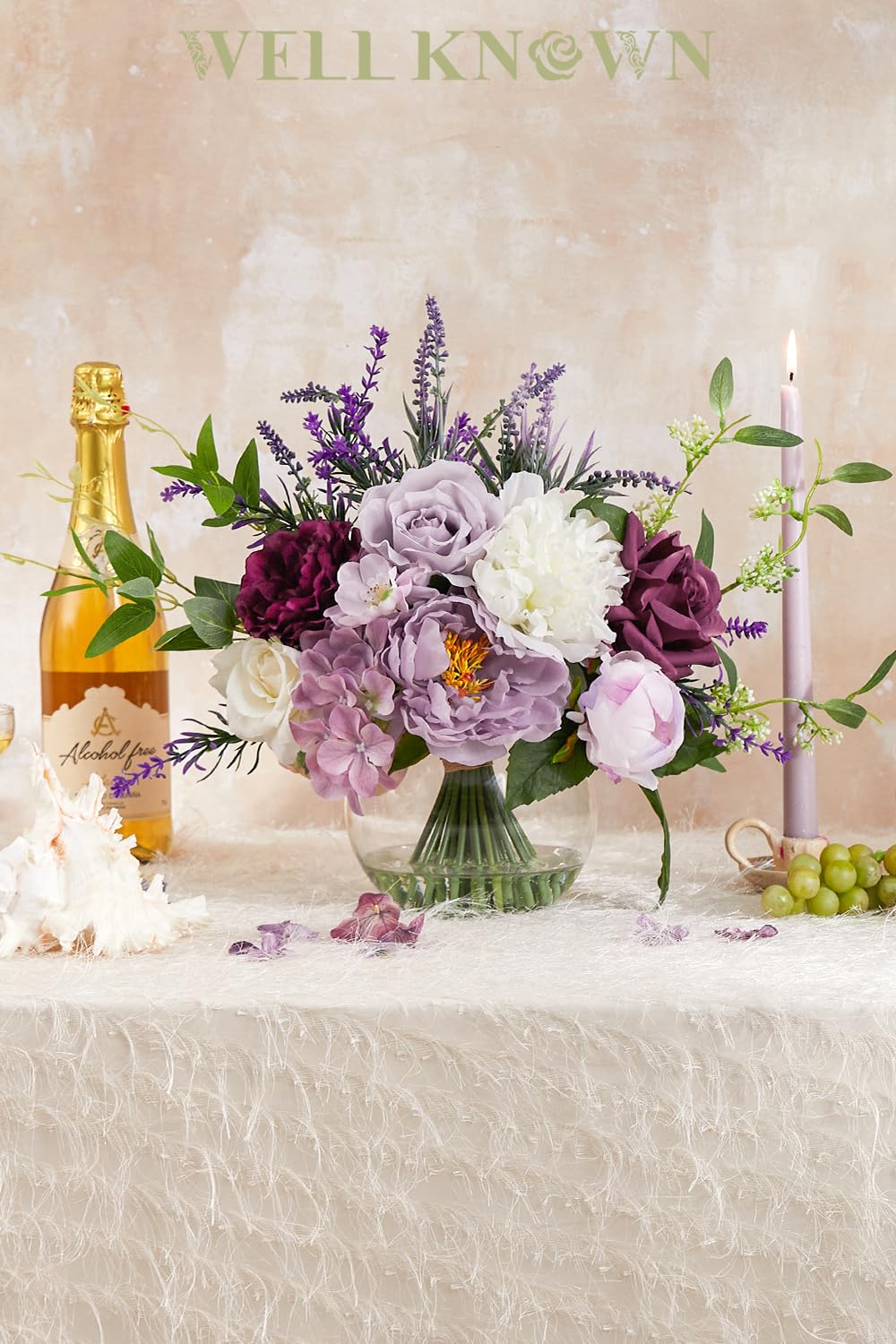 Artificial Flowers in Vase for Home Decor, Fake Lavender & Silk Peony Flower Bouquet Centerpieces in Glass Vase with Fake Water for Party Wedding Dinning Table Office Hotel Decor (Lavender Mixed Plus)
