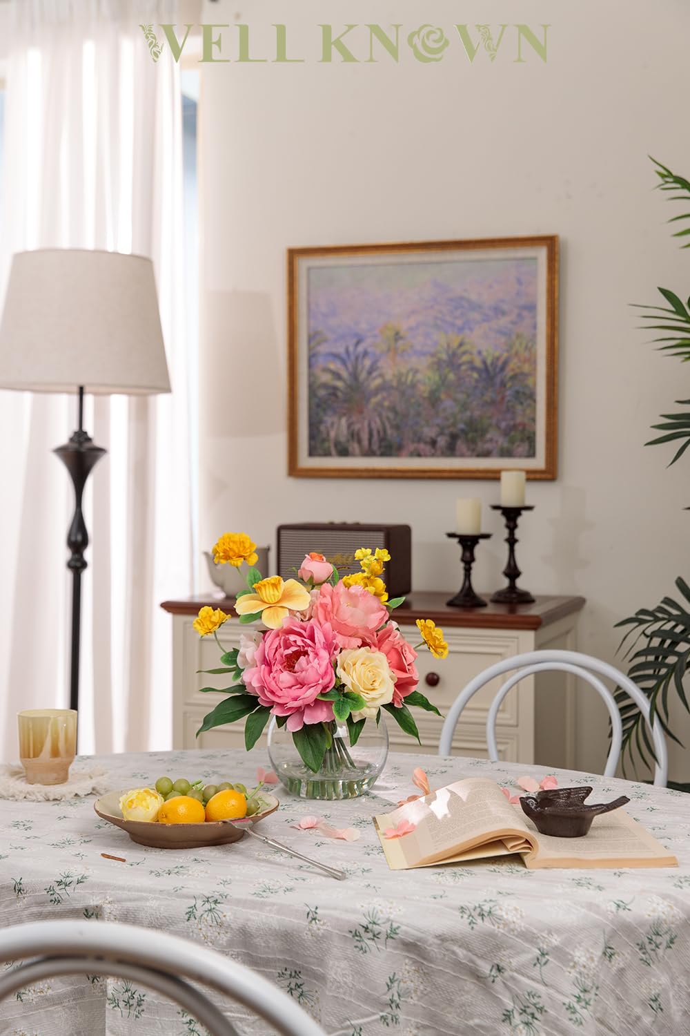 Artificial Flowers Centerpieces in Glass Vase with Fake Water, Silk Rose Peony & Daffodil Bouquet with Vase for Birthday Party Wedding Dinning Table Office Hotel Decor Gift (Yellow, Coral & Hot Pink)