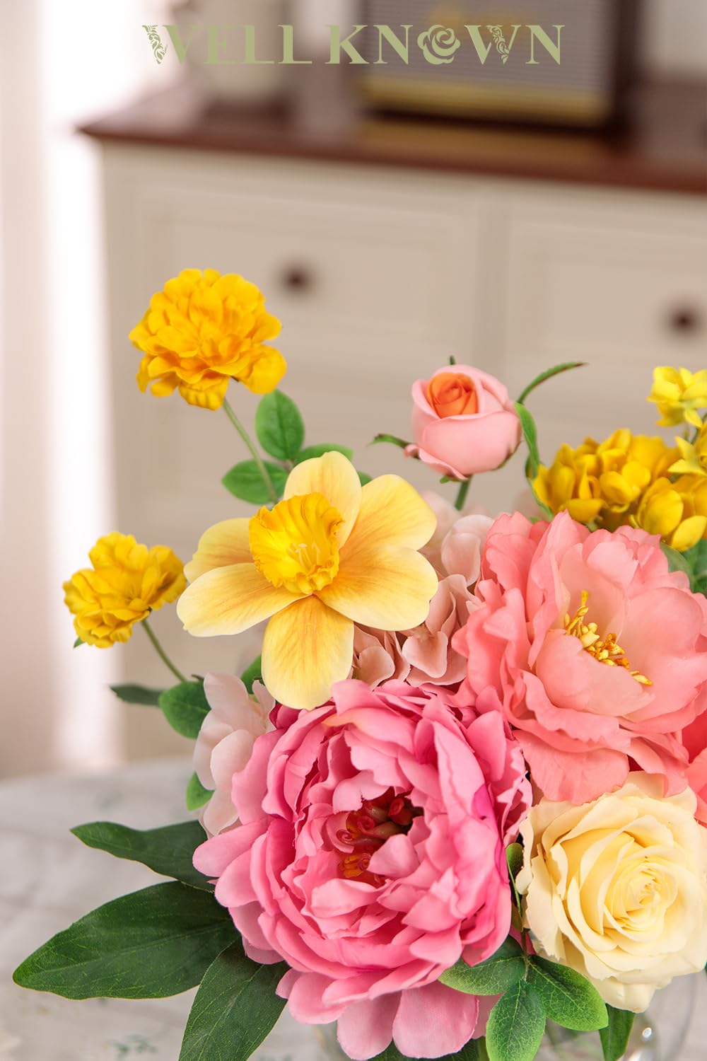 Artificial Flowers Centerpieces in Glass Vase with Fake Water, Silk Rose Peony & Daffodil Bouquet with Vase for Birthday Party Wedding Dinning Table Office Hotel Decor Gift (Yellow, Coral & Hot Pink)
