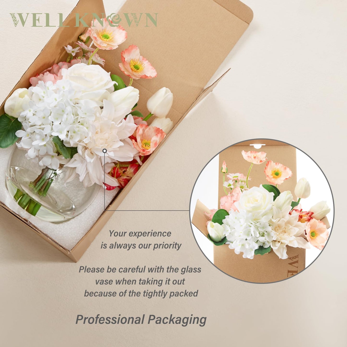 Artificial Flowers in Vase for Seasonal Decor, Mixed White Tulips & Pink Silk Fake Flowers Bouquet Arrangements in Glass Vase with Fake Water for Spring Home Office Hotel Wedding Party Table Decor
