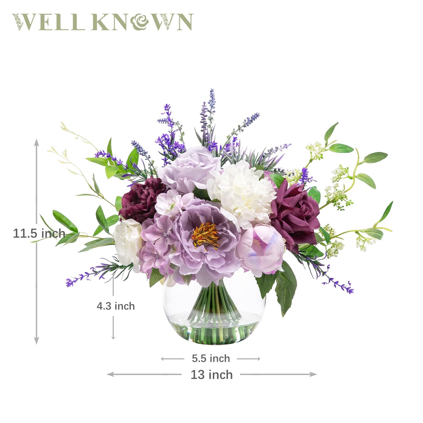Artificial Flowers in Vase for Home Decor, Fake Lavender & Silk Peony Flower Bouquet Centerpieces in Glass Vase with Fake Water for Party Wedding Dinning Table Office Hotel Decor (Lavender Mixed Plus)