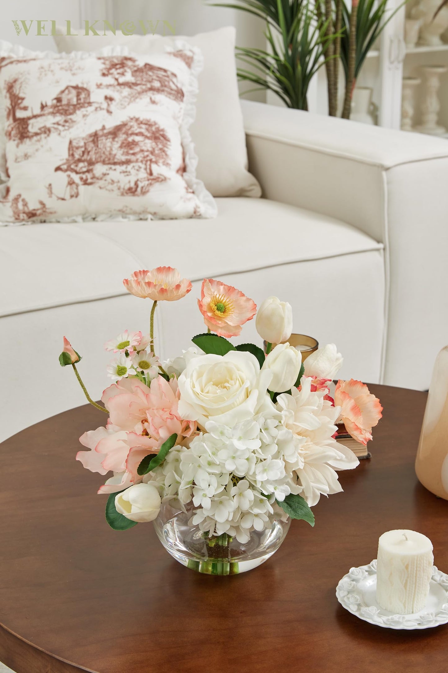 Artificial Flowers in Vase for Seasonal Decor, Mixed White Tulips & Pink Silk Fake Flowers Bouquet Arrangements in Glass Vase with Fake Water for Spring Home Office Hotel Wedding Party Table Decor