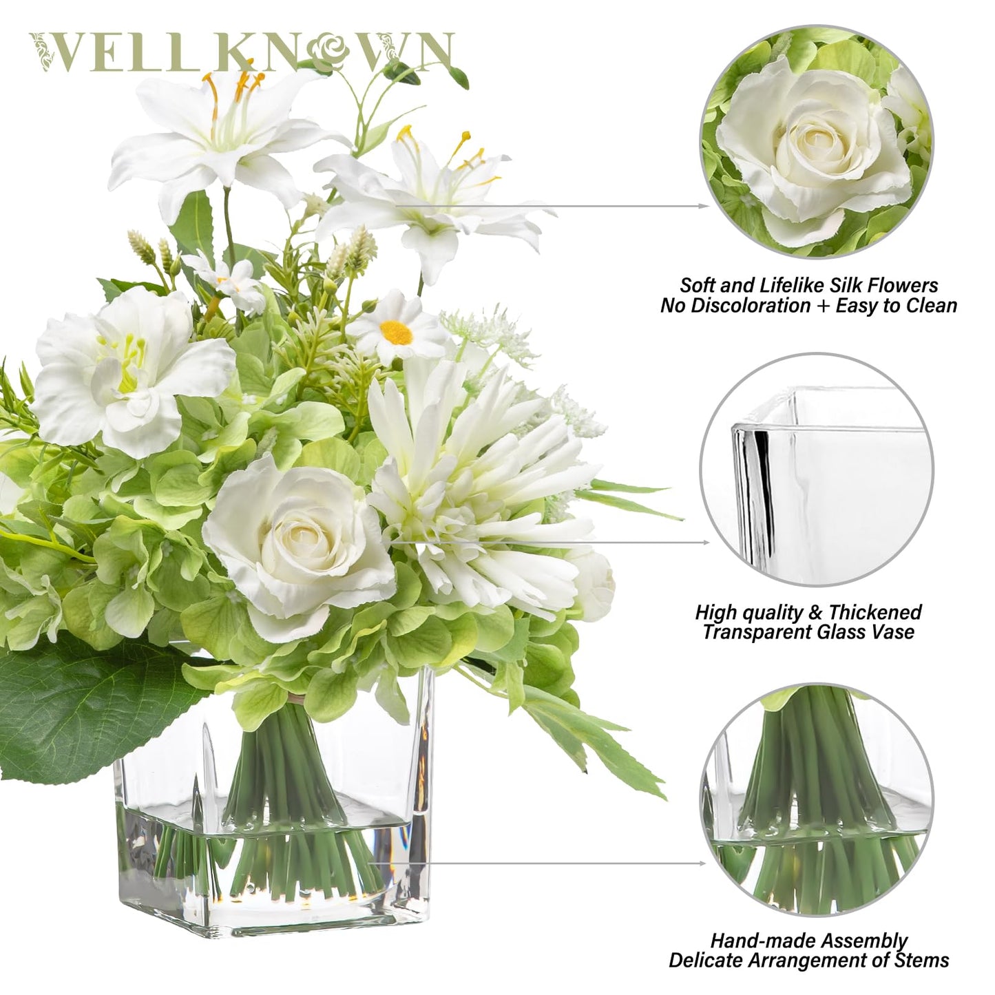 Artificial Flowers in Vase with Fake Water, 12.5" Realistic Silk Rose Peony Lily Faux Floral Arrangements with Glass Vase for Office Home Dinning Table Birthday Party Wedding Decor - White & Green