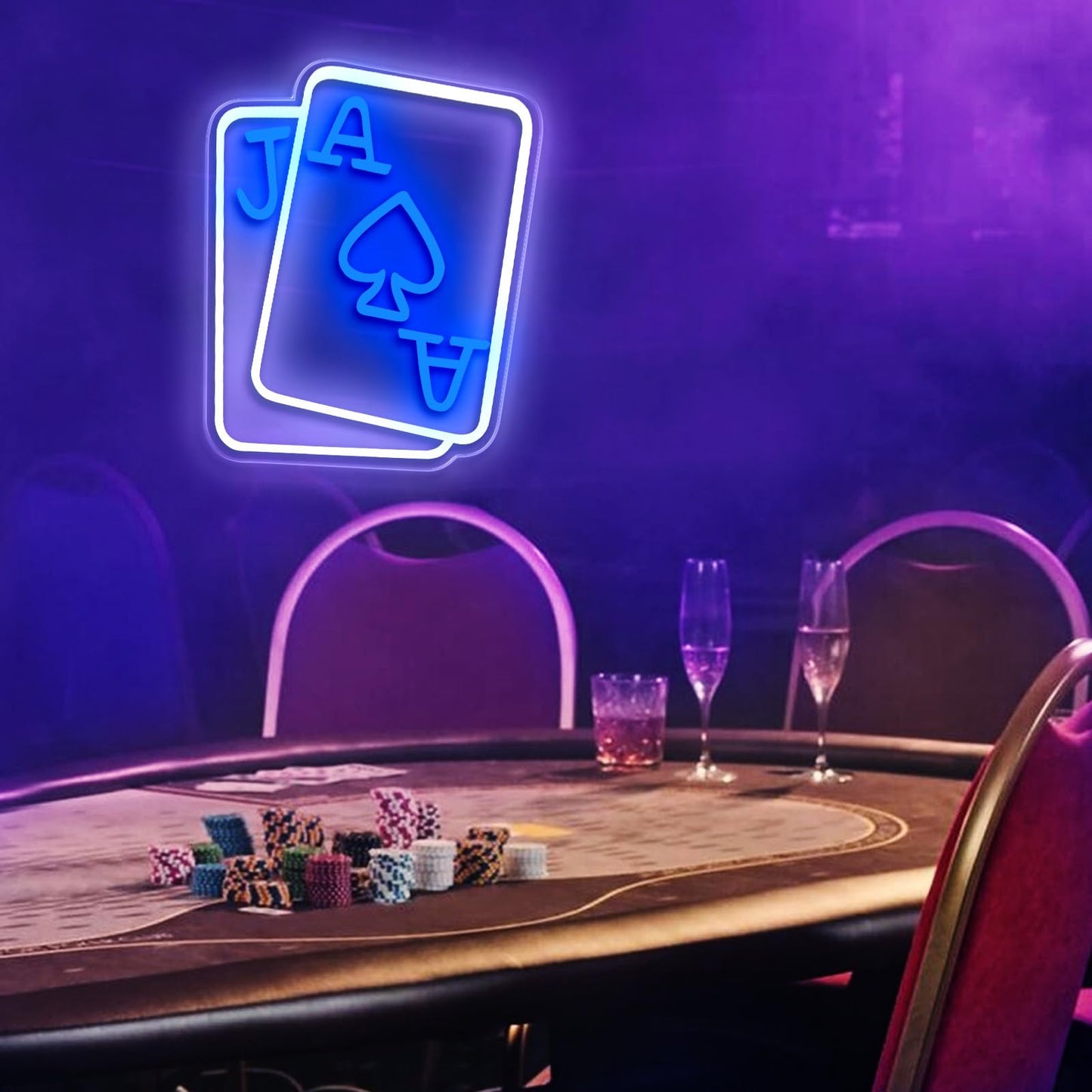 Gloziqoe Playing Cards Neon Signs for Wall Decor, Poker Adjustable Led Neon Light, Blue White Usb Light Sign for Bedroom Casino Bar Hotel Play Room Birthday Party Decor