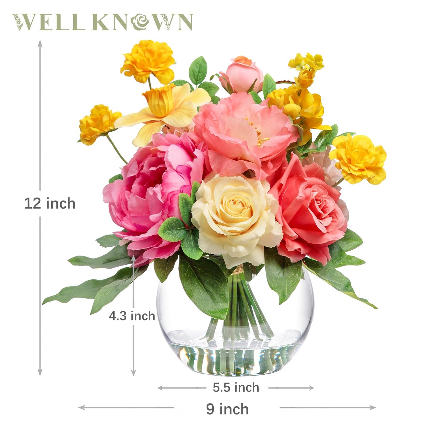 Artificial Flowers Centerpieces in Glass Vase with Fake Water, Silk Rose Peony & Daffodil Bouquet with Vase for Birthday Party Wedding Dinning Table Office Hotel Decor Gift (Yellow, Coral & Hot Pink)