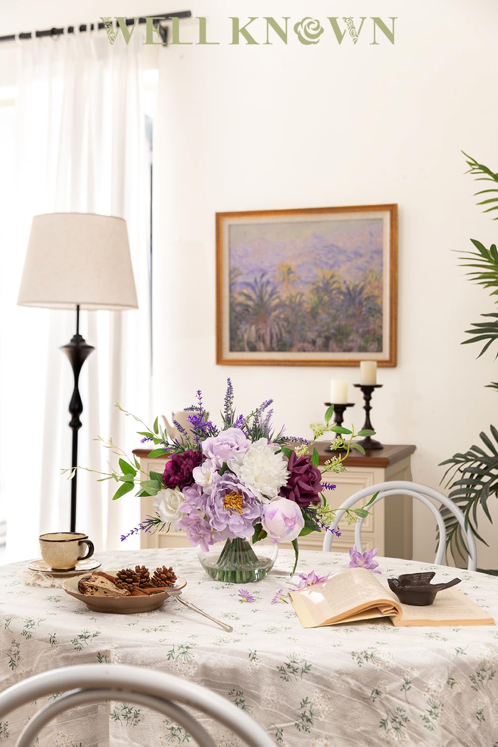 Artificial Flowers in Vase for Home Decor, Fake Lavender & Silk Peony Flower Bouquet Centerpieces in Glass Vase with Fake Water for Party Wedding Dinning Table Office Hotel Decor (Lavender Mixed Plus)