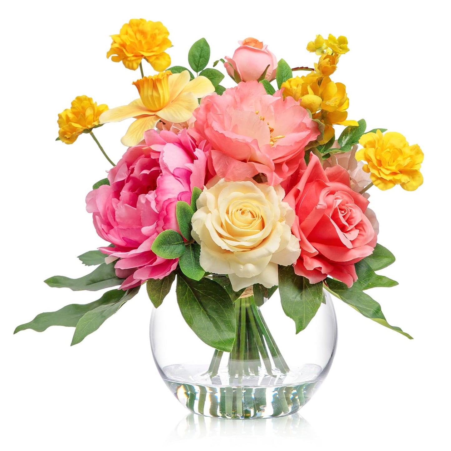 Artificial Flowers Centerpieces in Glass Vase with Fake Water, Silk Rose Peony & Daffodil Bouquet with Vase for Birthday Party Wedding Dinning Table Office Hotel Decor Gift (Yellow, Coral & Hot Pink)