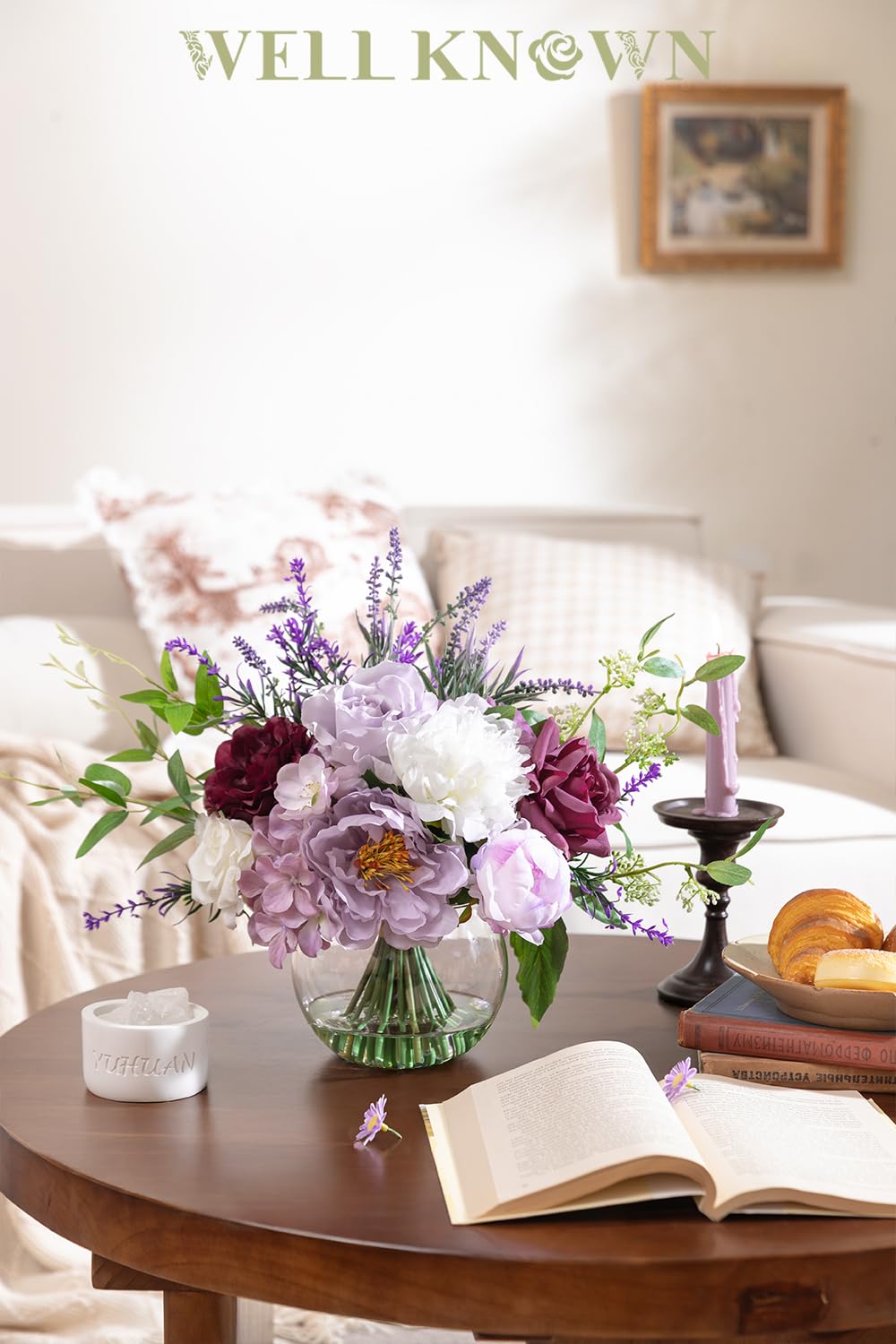 Artificial Flowers in Vase for Home Decor, Fake Lavender & Silk Peony Flower Bouquet Centerpieces in Glass Vase with Fake Water for Party Wedding Dinning Table Office Hotel Decor (Lavender Mixed Plus)