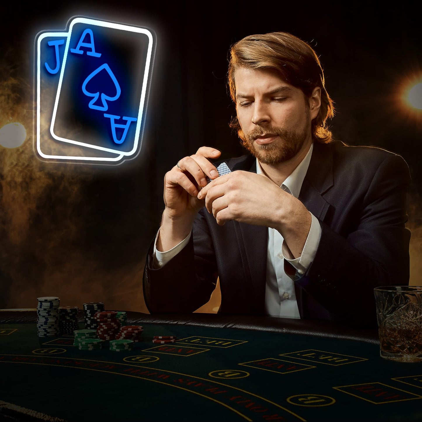 Gloziqoe Playing Cards Neon Signs for Wall Decor, Poker Adjustable Led Neon Light, Blue White Usb Light Sign for Bedroom Casino Bar Hotel Play Room Birthday Party Decor