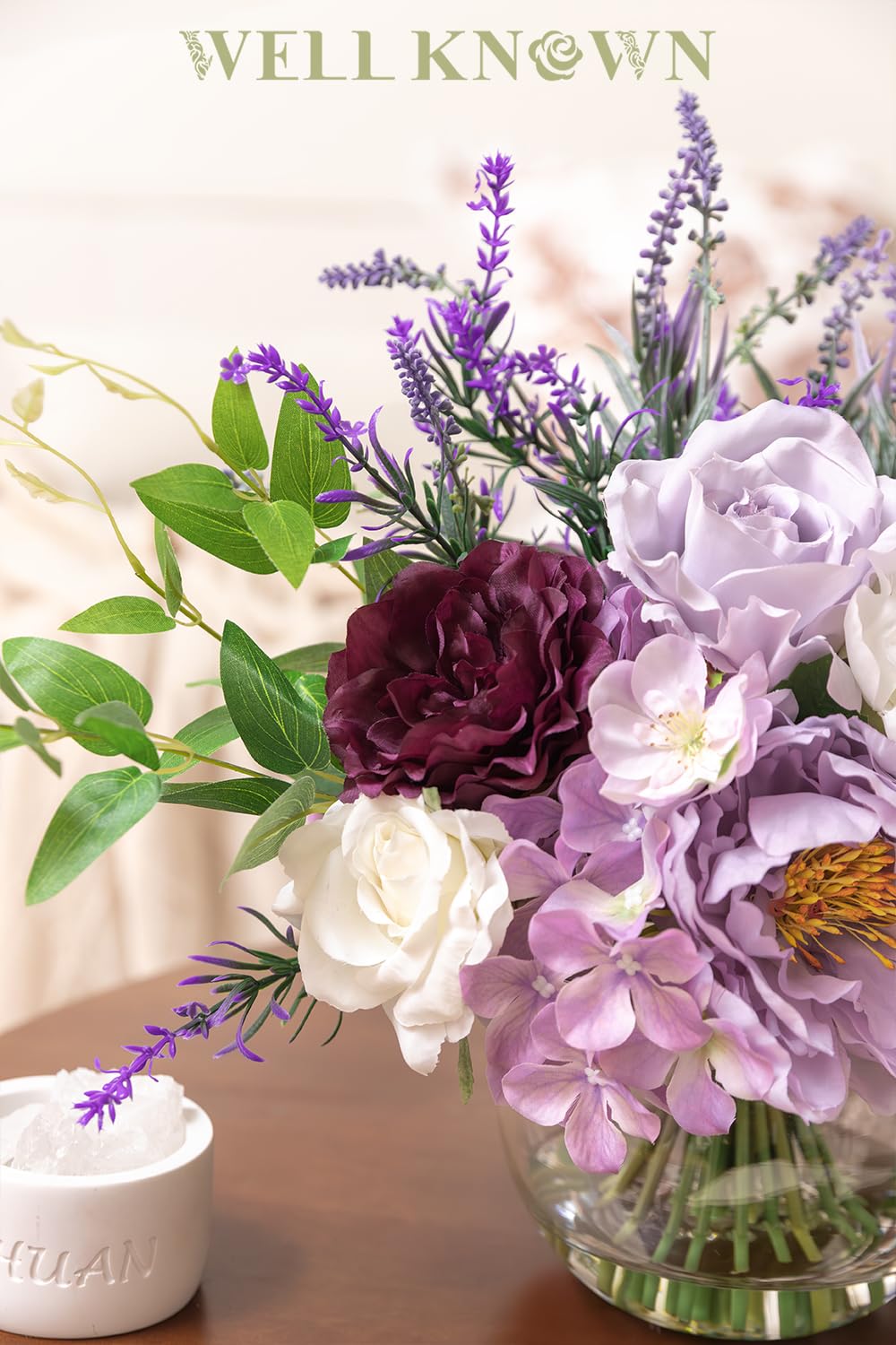Artificial Flowers in Vase for Home Decor, Fake Lavender & Silk Peony Flower Bouquet Centerpieces in Glass Vase with Fake Water for Party Wedding Dinning Table Office Hotel Decor (Lavender Mixed Plus)