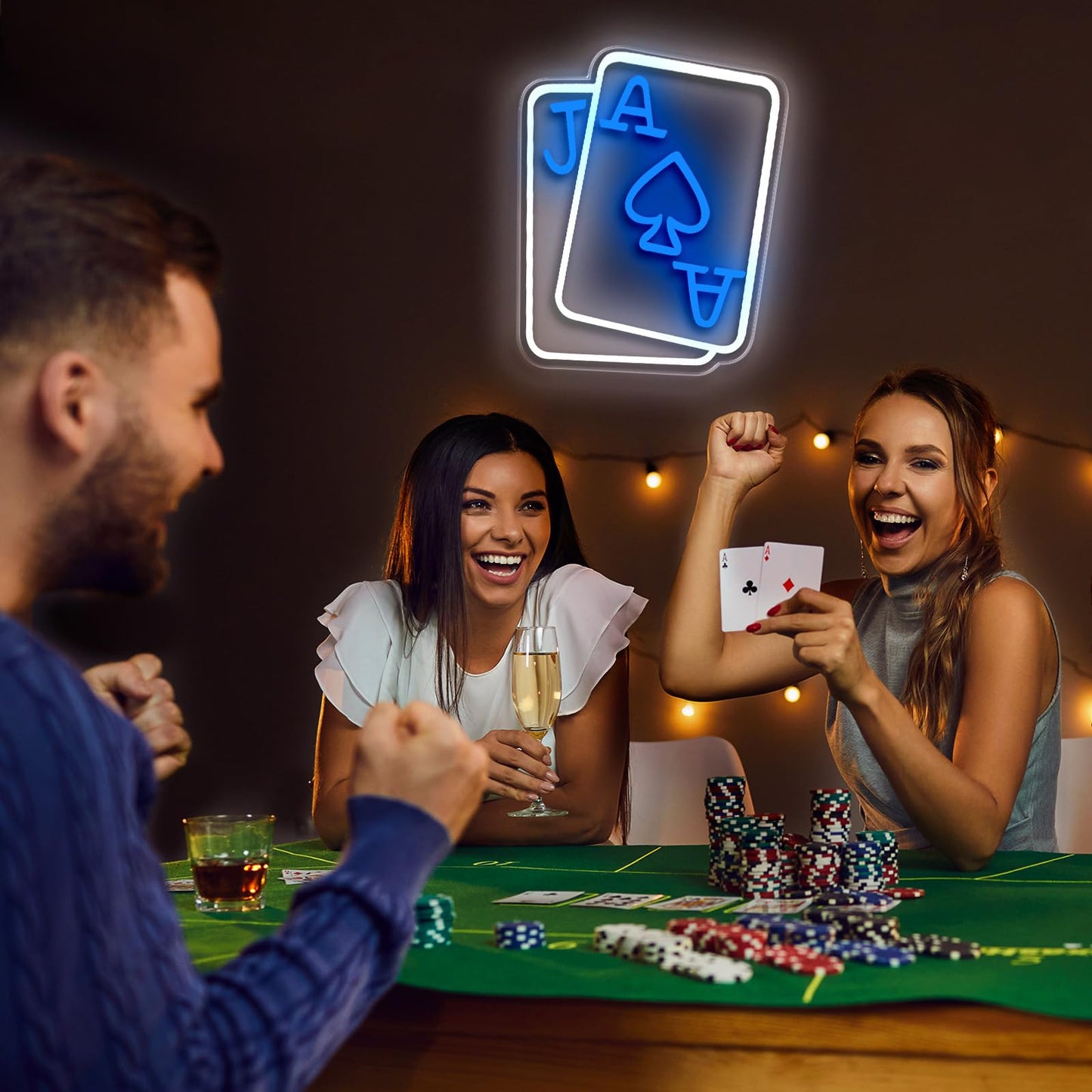 Gloziqoe Playing Cards Neon Signs for Wall Decor, Poker Adjustable Led Neon Light, Blue White Usb Light Sign for Bedroom Casino Bar Hotel Play Room Birthday Party Decor