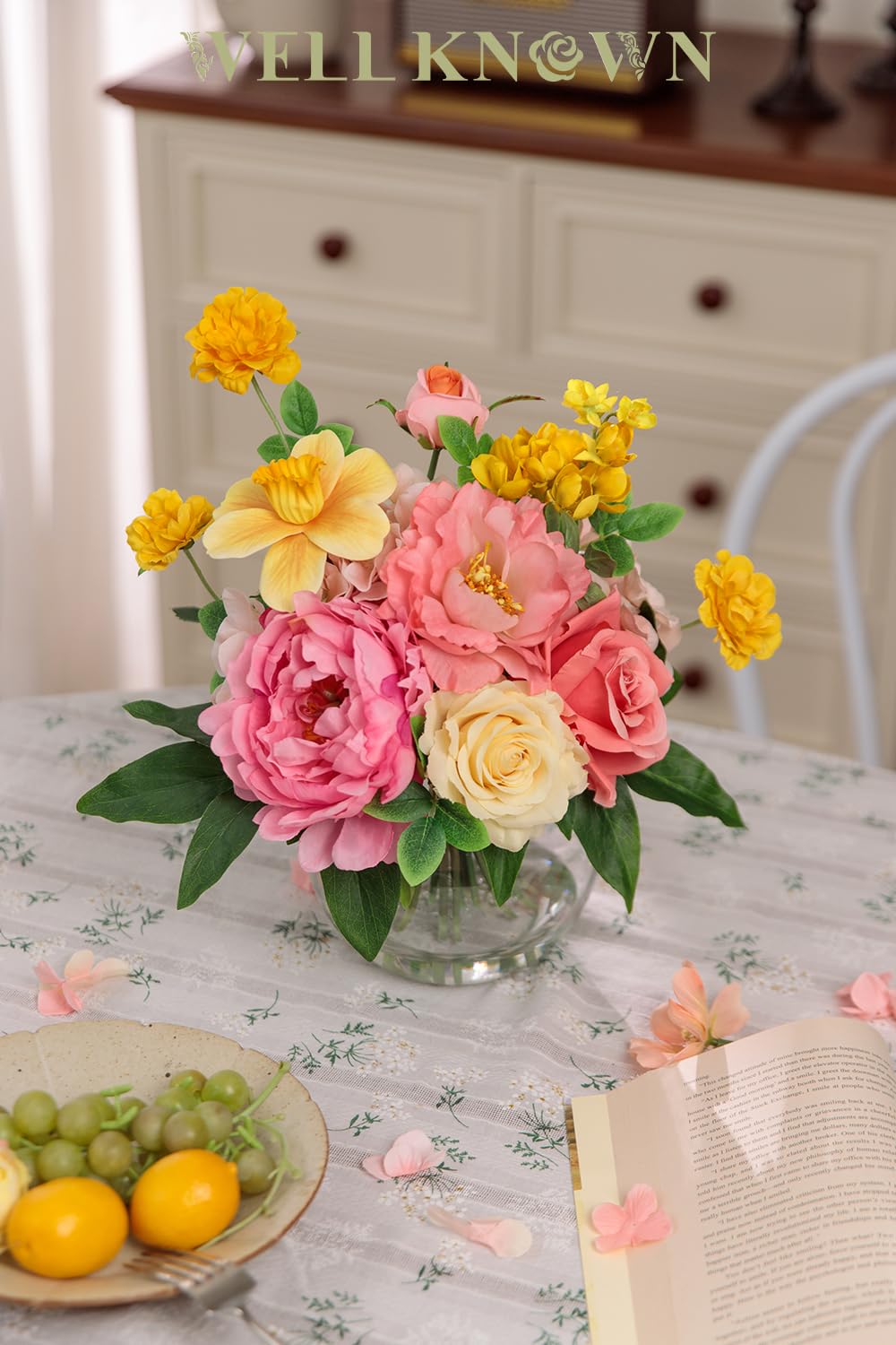 Artificial Flowers Centerpieces in Glass Vase with Fake Water, Silk Rose Peony & Daffodil Bouquet with Vase for Birthday Party Wedding Dinning Table Office Hotel Decor Gift (Yellow, Coral & Hot Pink)