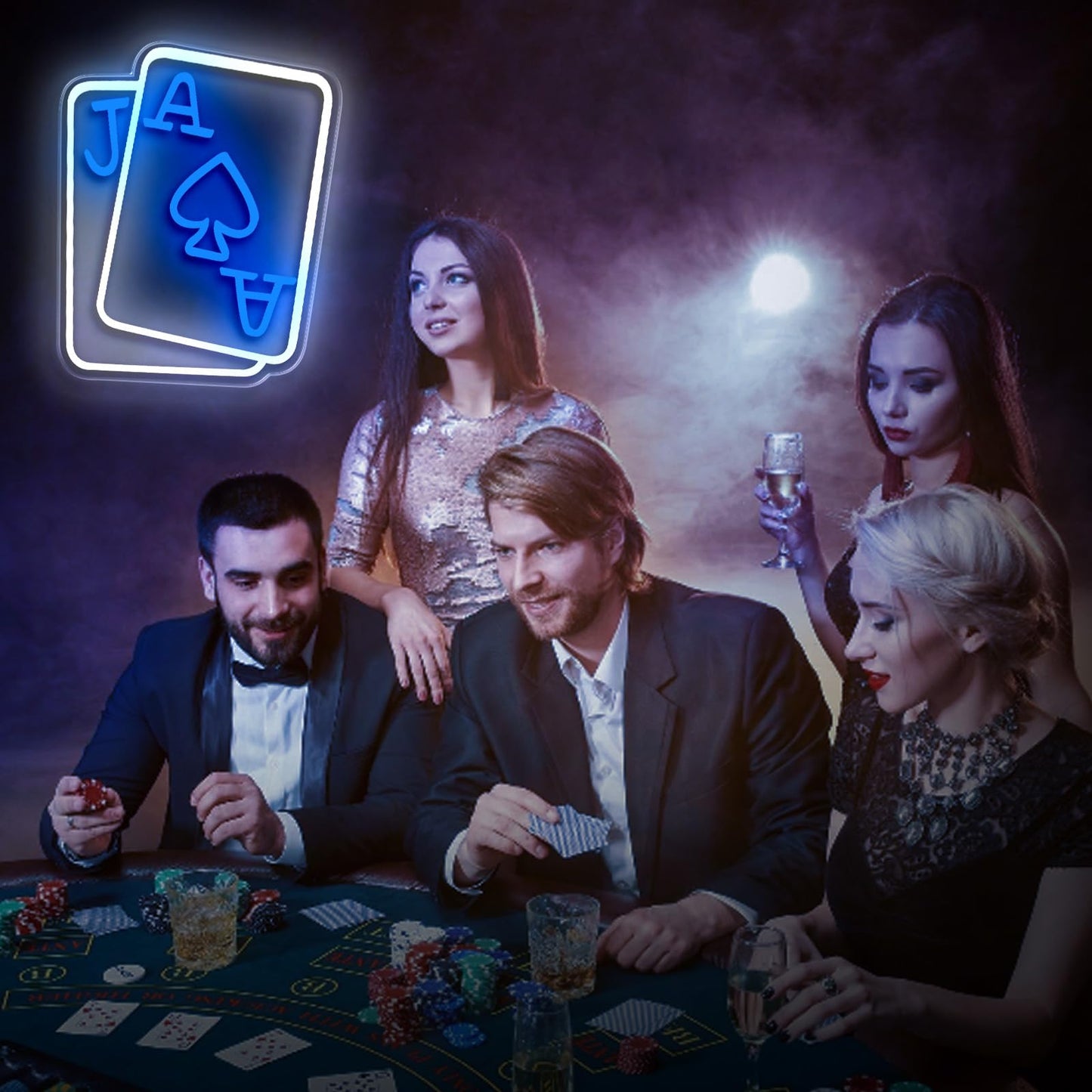 Gloziqoe Playing Cards Neon Signs for Wall Decor, Poker Adjustable Led Neon Light, Blue White Usb Light Sign for Bedroom Casino Bar Hotel Play Room Birthday Party Decor