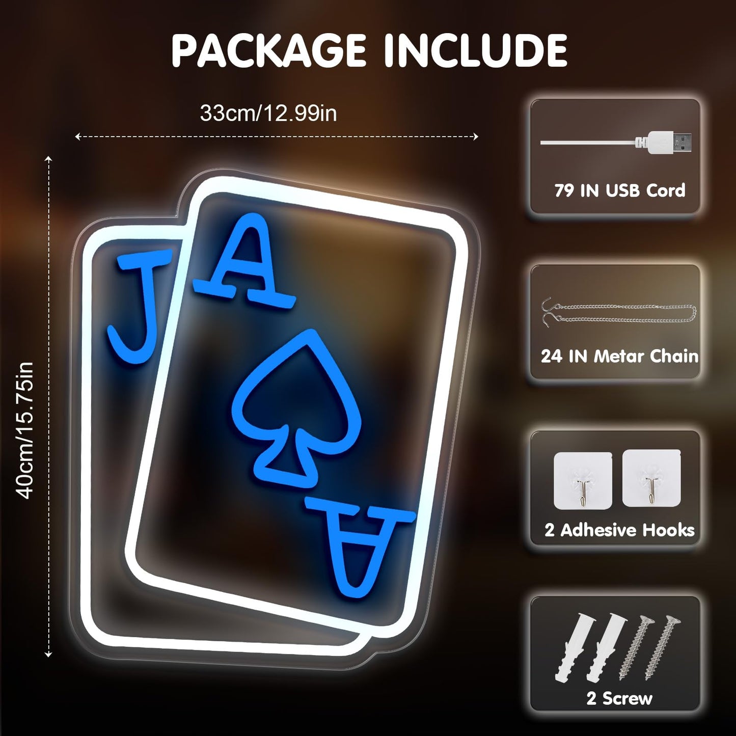 Gloziqoe Playing Cards Neon Signs for Wall Decor, Poker Adjustable Led Neon Light, Blue White Usb Light Sign for Bedroom Casino Bar Hotel Play Room Birthday Party Decor