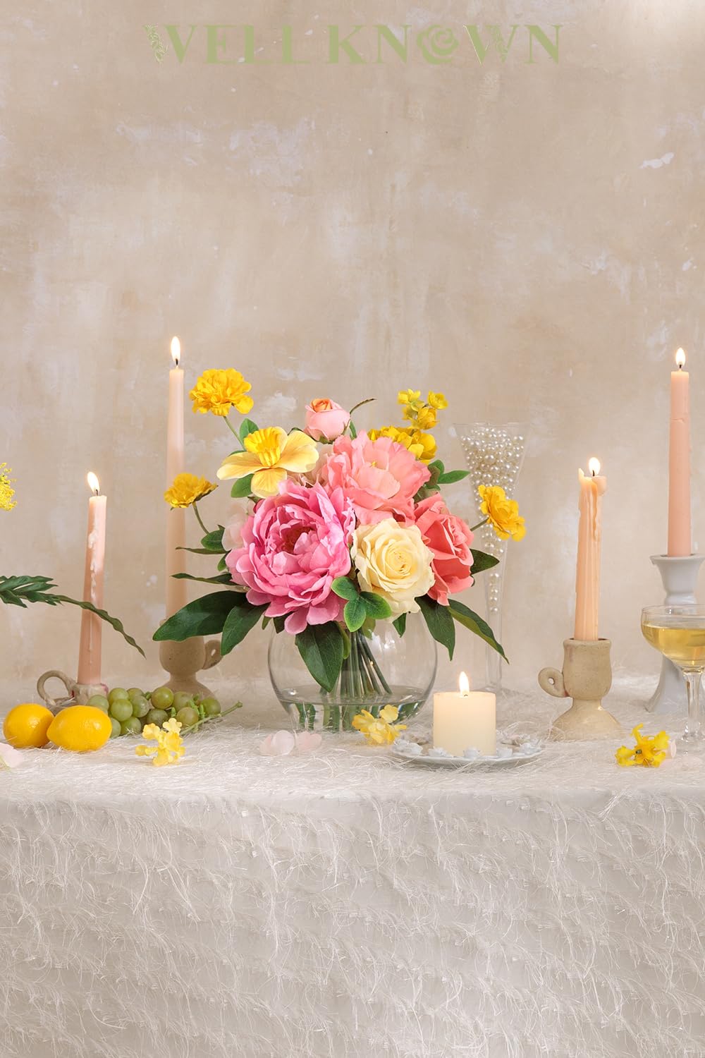 Artificial Flowers Centerpieces in Glass Vase with Fake Water, Silk Rose Peony & Daffodil Bouquet with Vase for Birthday Party Wedding Dinning Table Office Hotel Decor Gift (Yellow, Coral & Hot Pink)