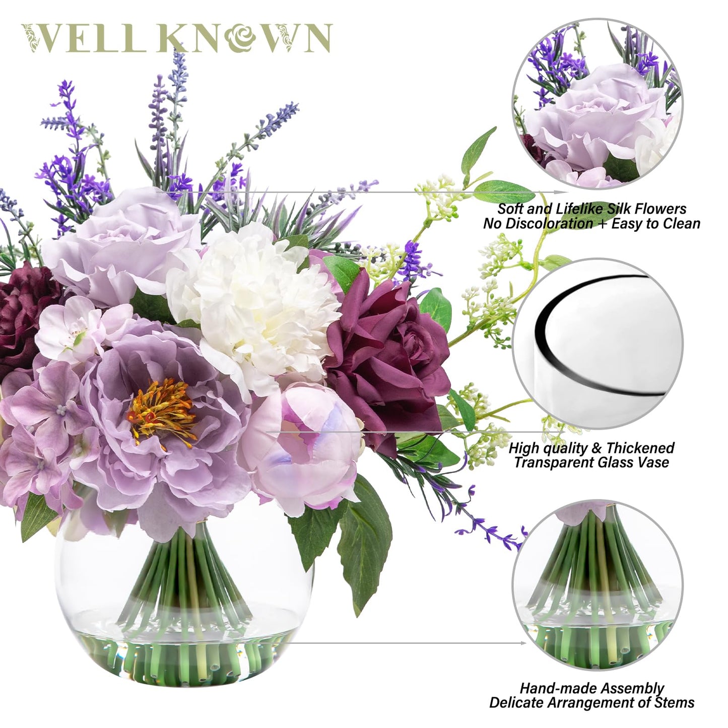 Artificial Flowers in Vase for Home Decor, Fake Lavender & Silk Peony Flower Bouquet Centerpieces in Glass Vase with Fake Water for Party Wedding Dinning Table Office Hotel Decor (Lavender Mixed Plus)