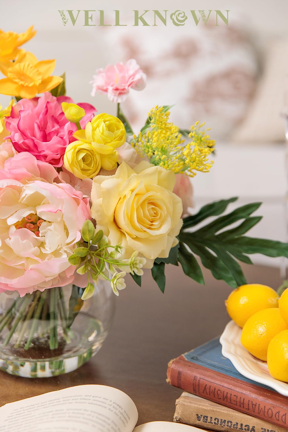Artificial Flowers Centerpieces in Glass Vase with Fake Water, Silk Rose Peony & Fake PU Tulips Bouquet with Vase for Birthday Party Wedding Dinning Table Office Hotel Decor (Yellow & Hot Pink Plus)