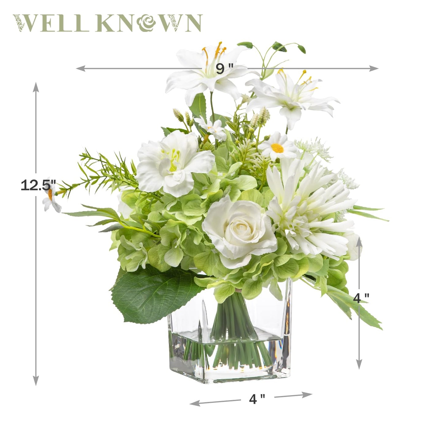 Artificial Flowers in Vase with Fake Water, 12.5" Realistic Silk Rose Peony Lily Faux Floral Arrangements with Glass Vase for Office Home Dinning Table Birthday Party Wedding Decor - White & Green