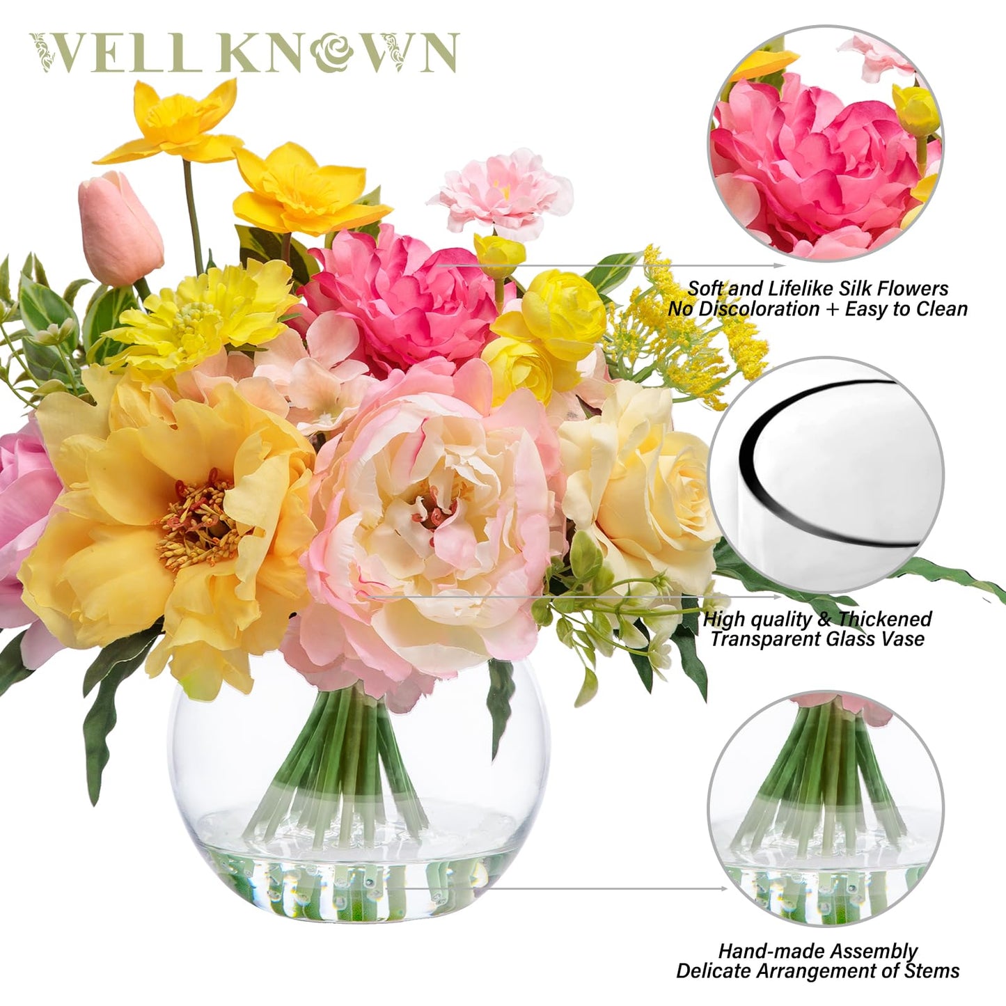 Artificial Flowers Centerpieces in Glass Vase with Fake Water, Silk Rose Peony & Fake PU Tulips Bouquet with Vase for Birthday Party Wedding Dinning Table Office Hotel Decor (Yellow & Hot Pink Plus)
