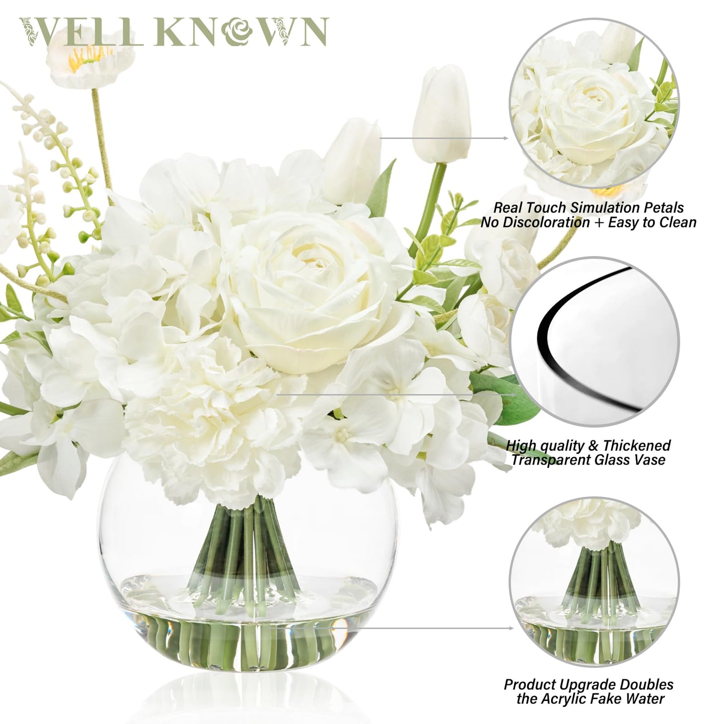 WELL KNOWN Artificial Flowers for Table Decoration Silk Hydrangea Flowers with Vase Fake Flower Arrangements in Round Bowl Vase with Faux Water for Summer Spring (White)