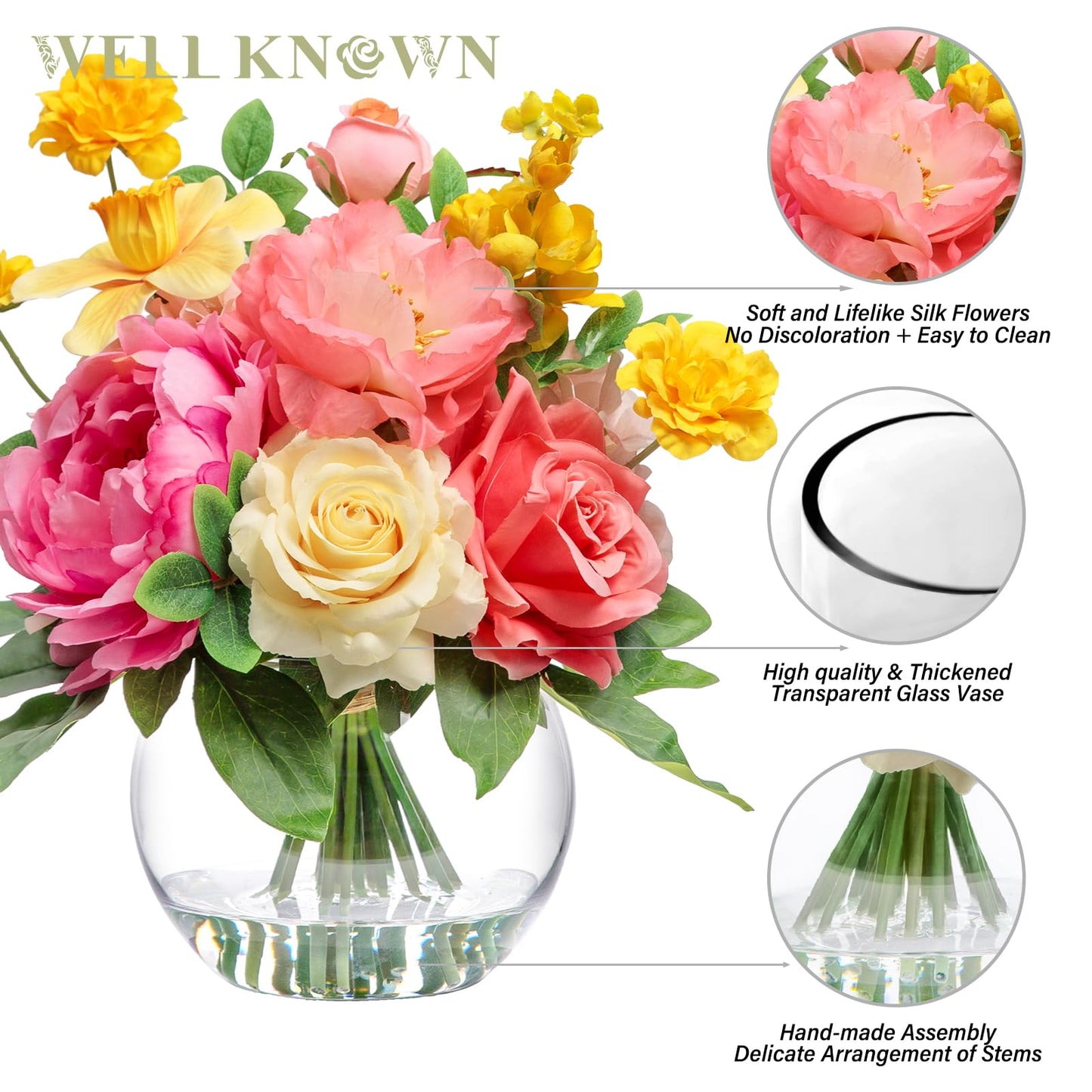 Artificial Flowers Centerpieces in Glass Vase with Fake Water, Silk Rose Peony & Daffodil Bouquet with Vase for Birthday Party Wedding Dinning Table Office Hotel Decor Gift (Yellow, Coral & Hot Pink)