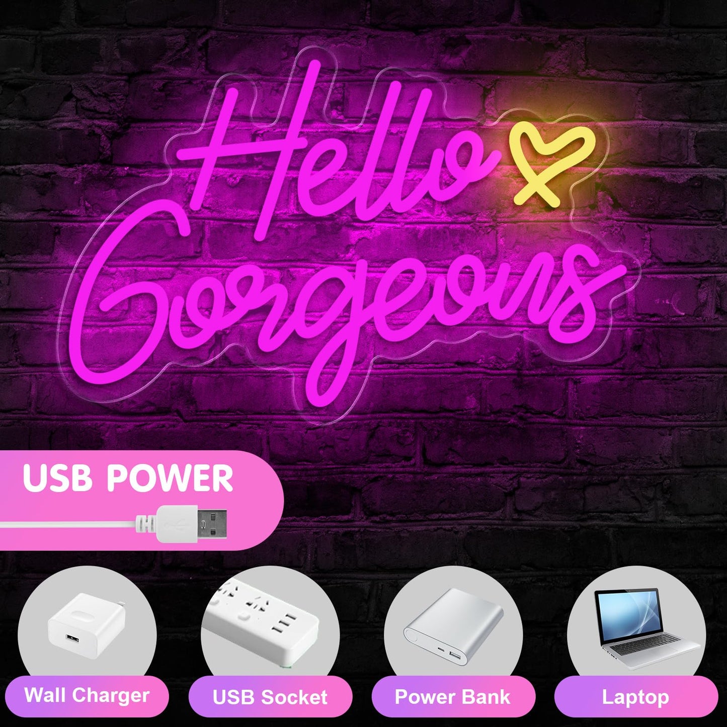 Gloziqoe Hello Gorgeous Neon Sign, Hello Led Neon Sign for Home Wedding Birthday, Hello Beautiful LED Neon Lights Party Decorations(Adjustable Brightness)