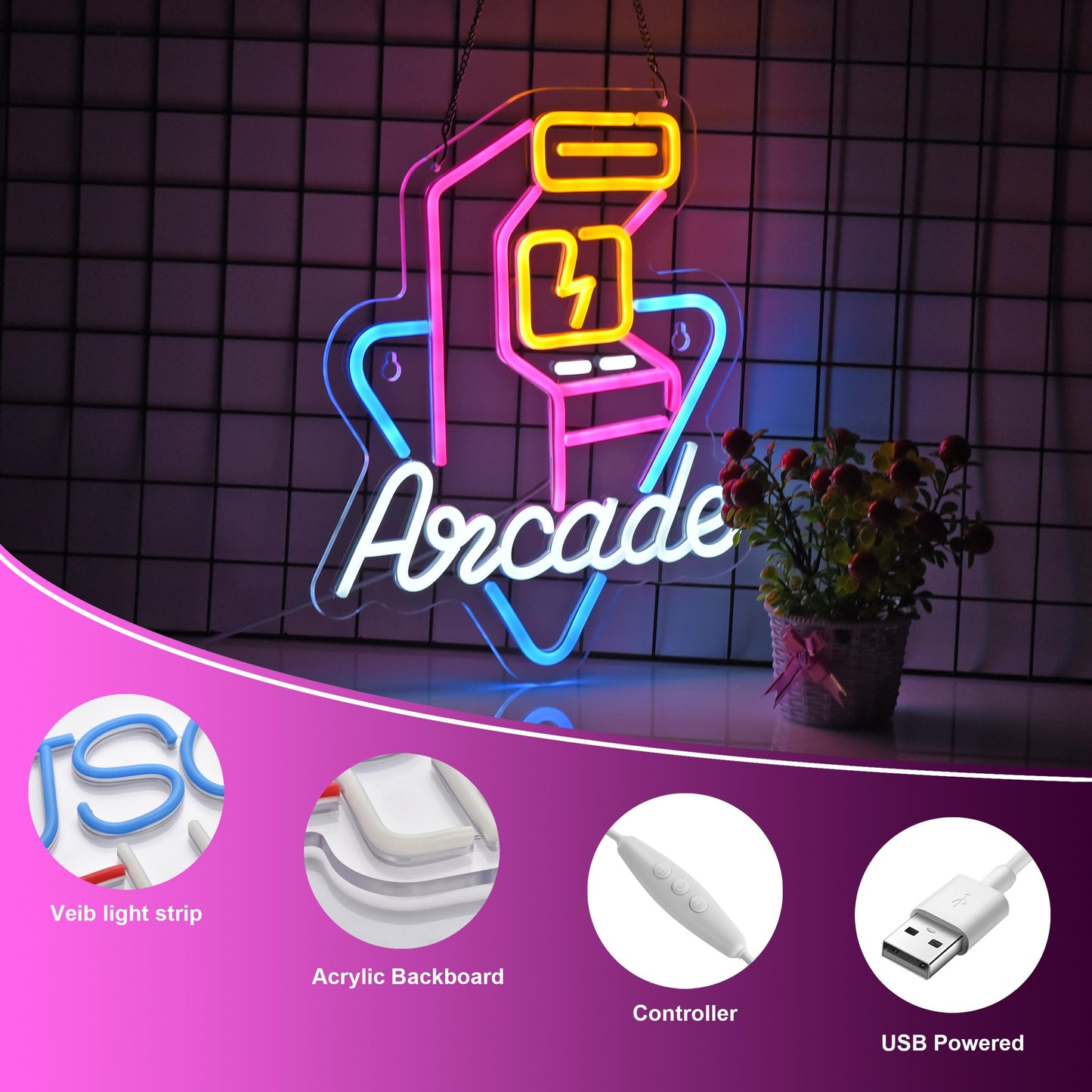 Hoyoelec Arcade Neon Sign for Wall Décor with Dimmable Switch LED Neon Signs Light