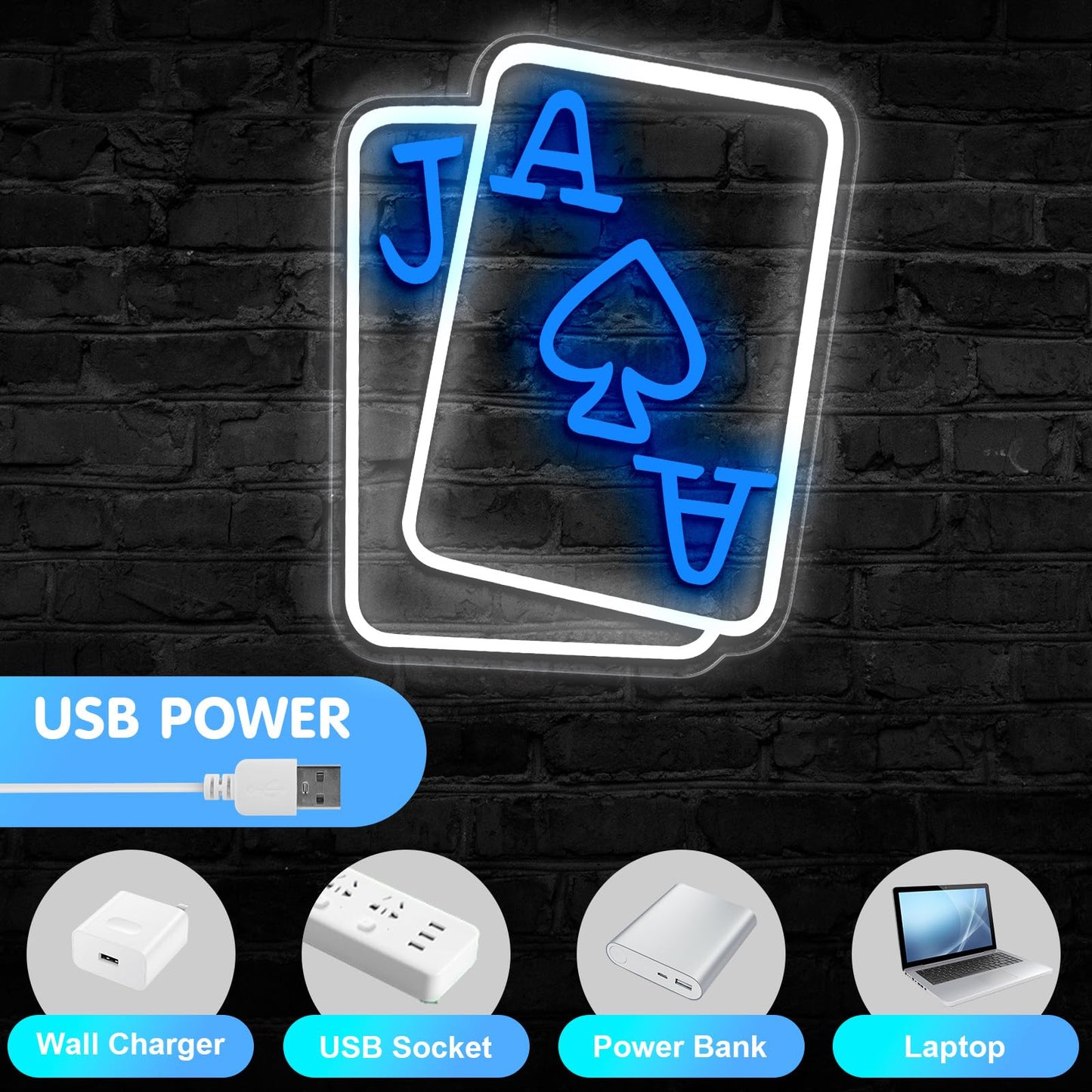 Gloziqoe Playing Cards Neon Signs for Wall Decor, Poker Adjustable Led Neon Light, Blue White Usb Light Sign for Bedroom Casino Bar Hotel Play Room Birthday Party Decor