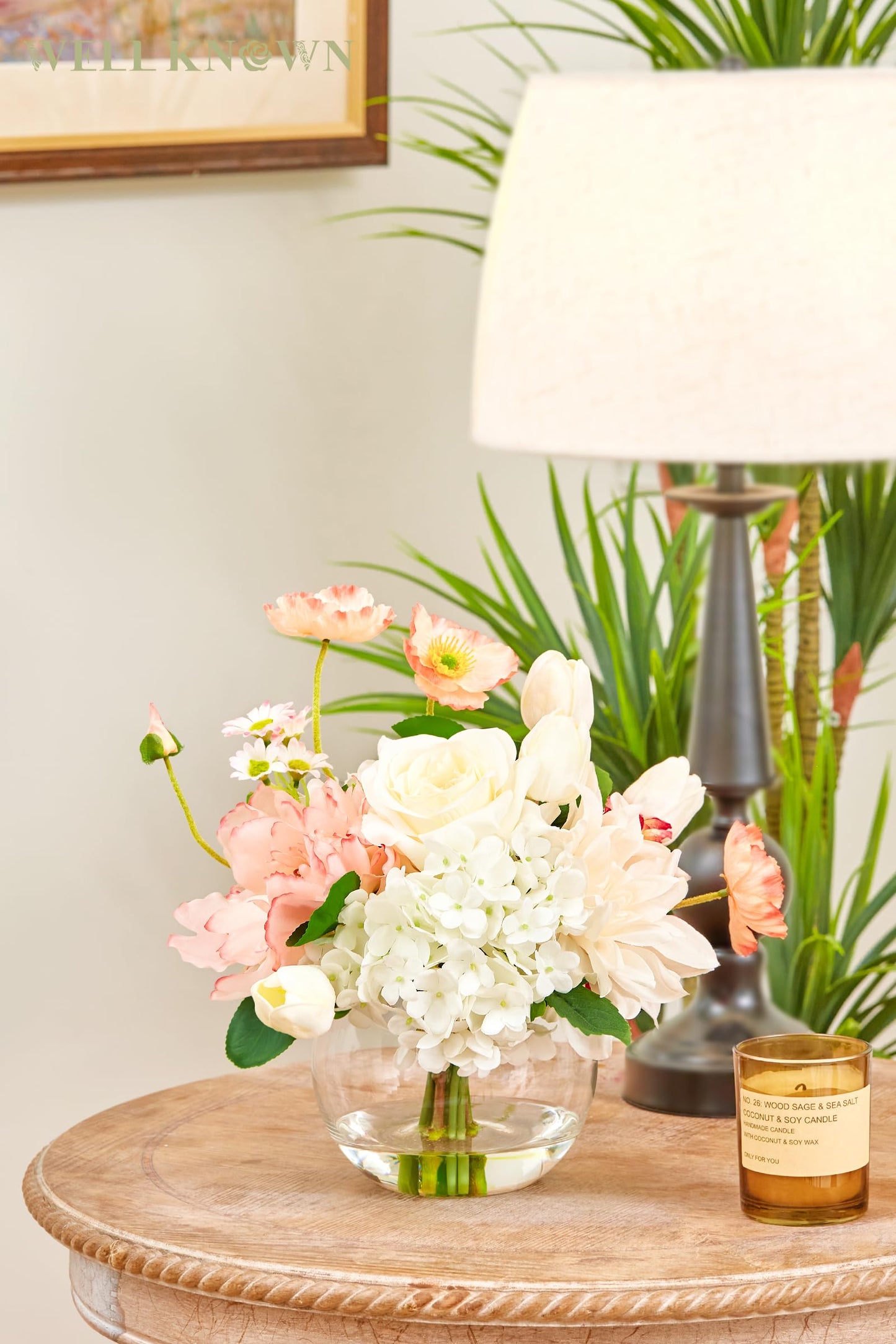 Artificial Flowers in Vase for Seasonal Decor, Mixed White Tulips & Pink Silk Fake Flowers Bouquet Arrangements in Glass Vase with Fake Water for Spring Home Office Hotel Wedding Party Table Decor