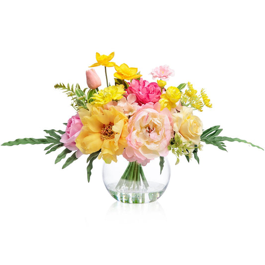 Artificial Flowers Centerpieces in Glass Vase with Fake Water, Silk Rose Peony & Fake PU Tulips Bouquet with Vase for Birthday Party Wedding Dinning Table Office Hotel Decor (Yellow & Hot Pink Plus)