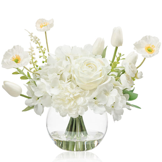 WELL KNOWN Artificial Flowers for Table Decoration Silk Hydrangea Flowers with Vase Fake Flower Arrangements in Round Bowl Vase with Faux Water for Summer Spring (White)