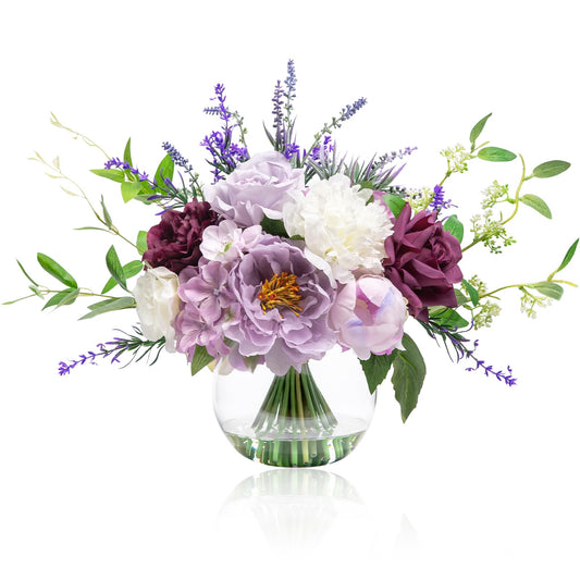 Artificial Flowers in Vase for Home Decor, Fake Lavender & Silk Peony Flower Bouquet Centerpieces in Glass Vase with Fake Water for Party Wedding Dinning Table Office Hotel Decor (Lavender Mixed Plus)