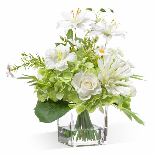 Artificial Flowers in Vase with Fake Water, 12.5" Realistic Silk Rose Peony Lily Faux Floral Arrangements with Glass Vase for Office Home Dinning Table Birthday Party Wedding Decor - White & Green