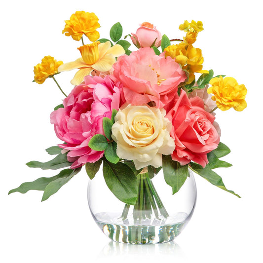 Artificial Flowers Centerpieces in Glass Vase with Fake Water, Silk Rose Peony & Daffodil Bouquet with Vase for Birthday Party Wedding Dinning Table Office Hotel Decor Gift (Yellow, Coral & Hot Pink)