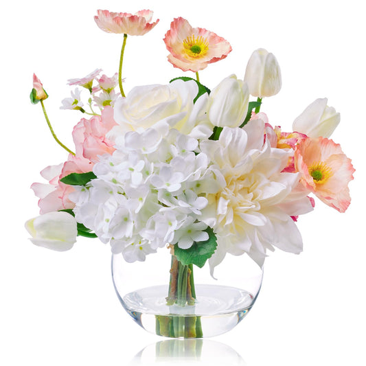 Artificial Flowers in Vase for Seasonal Decor, Mixed White Tulips & Pink Silk Fake Flowers Bouquet Arrangements in Glass Vase with Fake Water for Spring Home Office Hotel Wedding Party Table Decor